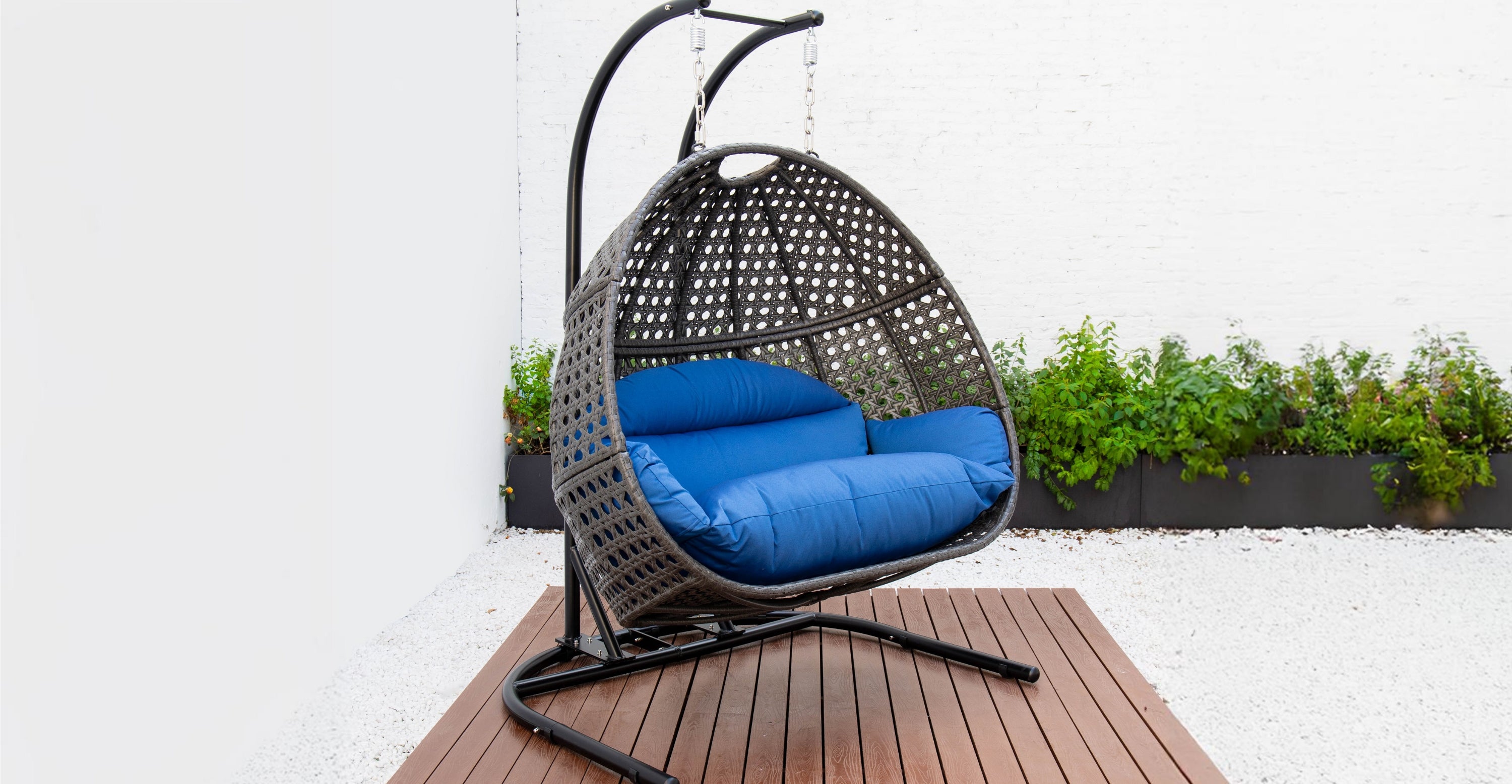 Wicker Hanging Double Egg Charcoal Swing Chair with an Iron Base