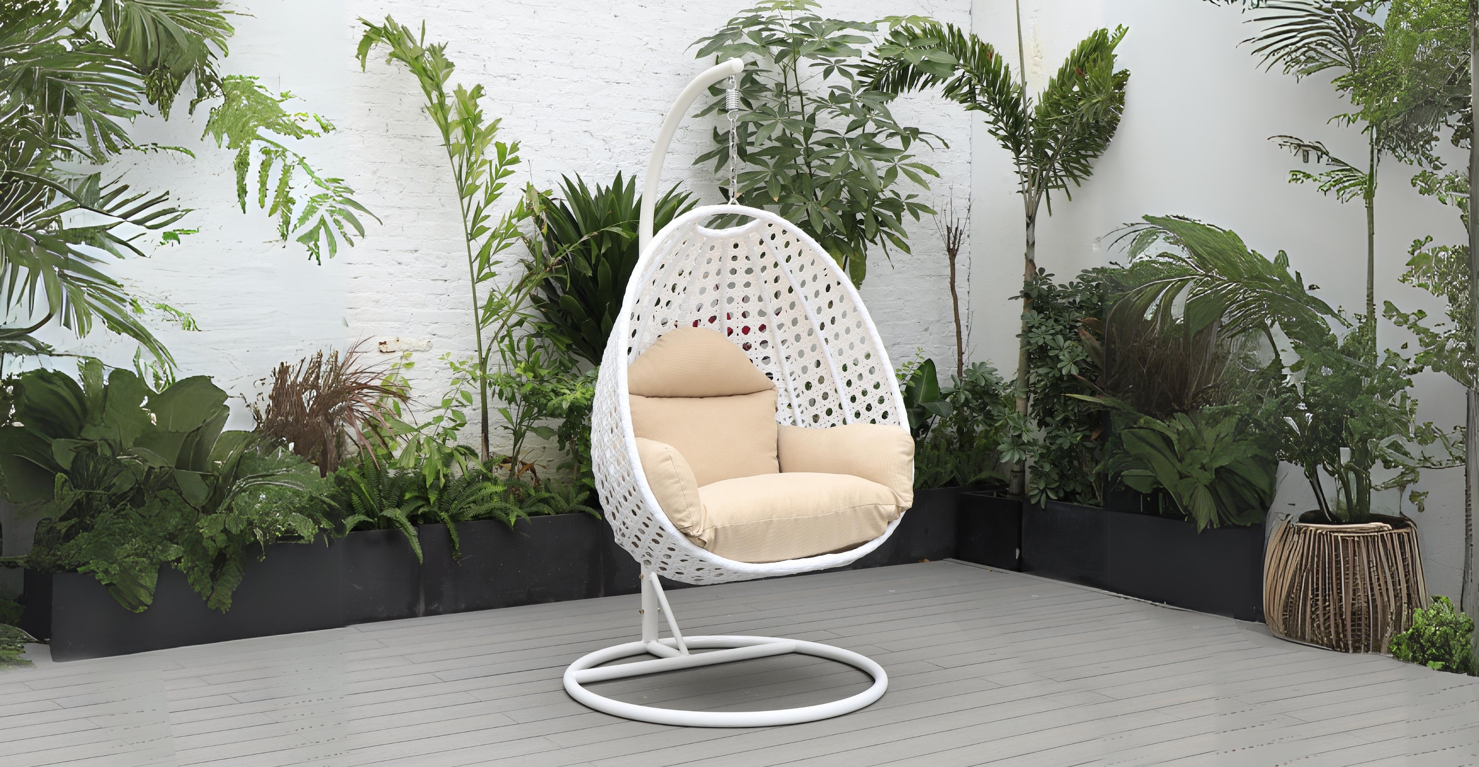 White Wicker Hanging Single Egg Swing Chair With Cushions