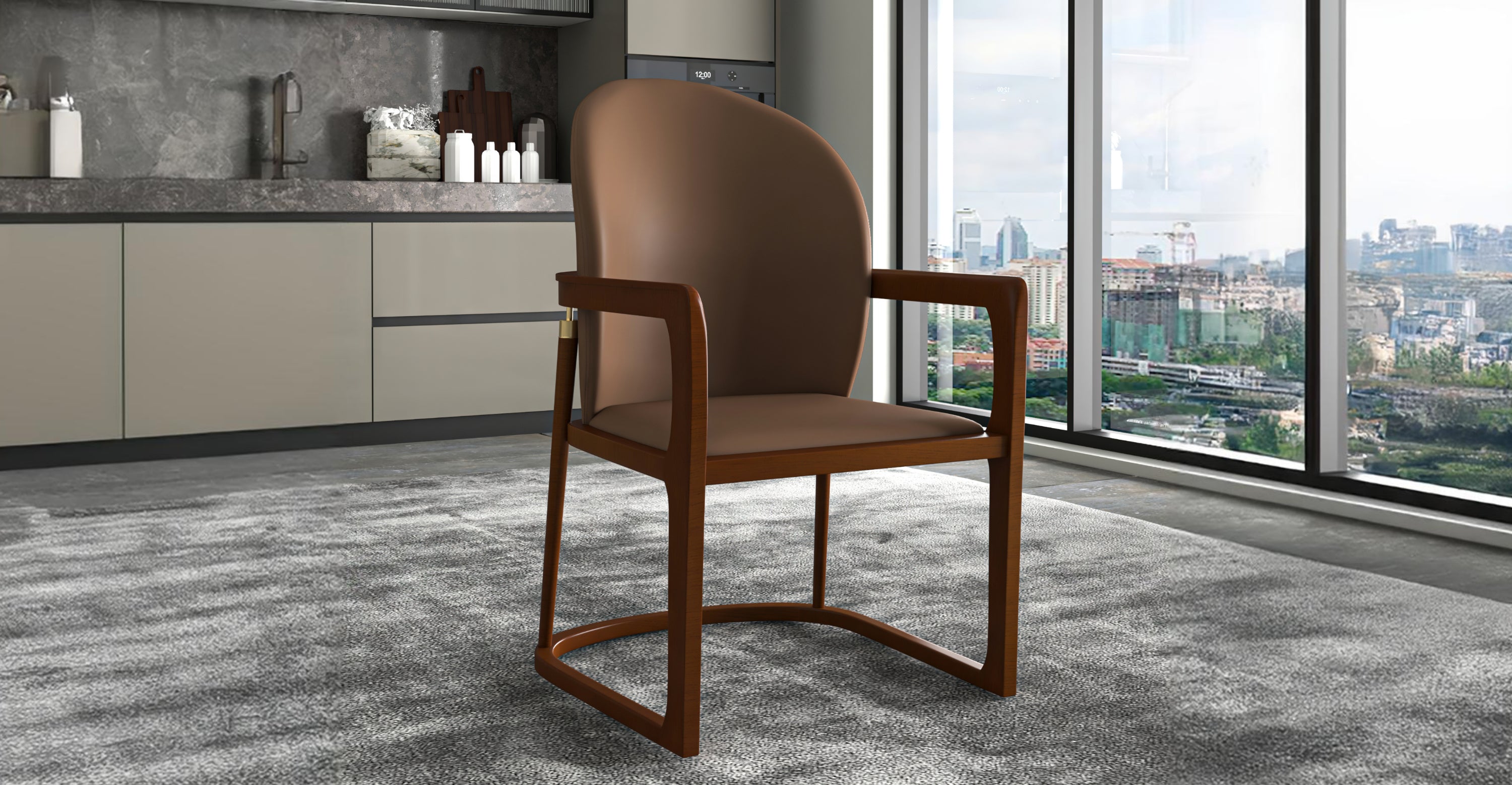 Svelta Dining Chair in Upholstered Leather Accent Arm Chair and Rubberwood Frame and Legs