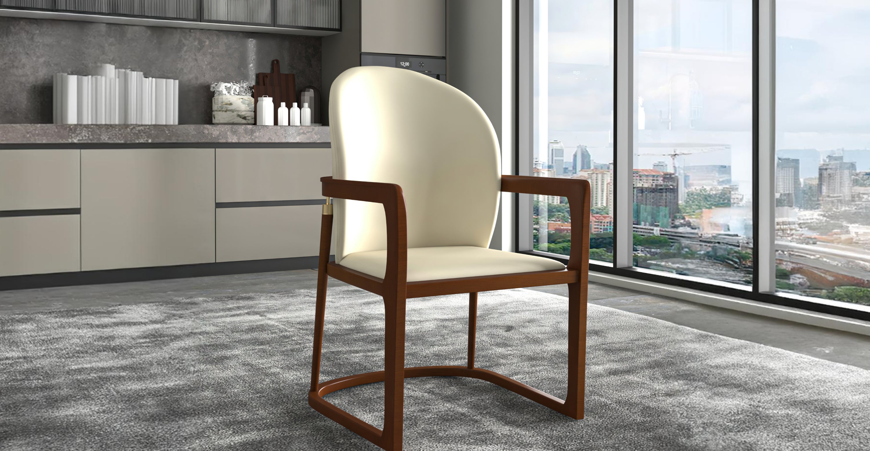 Svelta Dining Chair in Upholstered Leather Accent Arm Chair and Rubberwood Frame and Legs