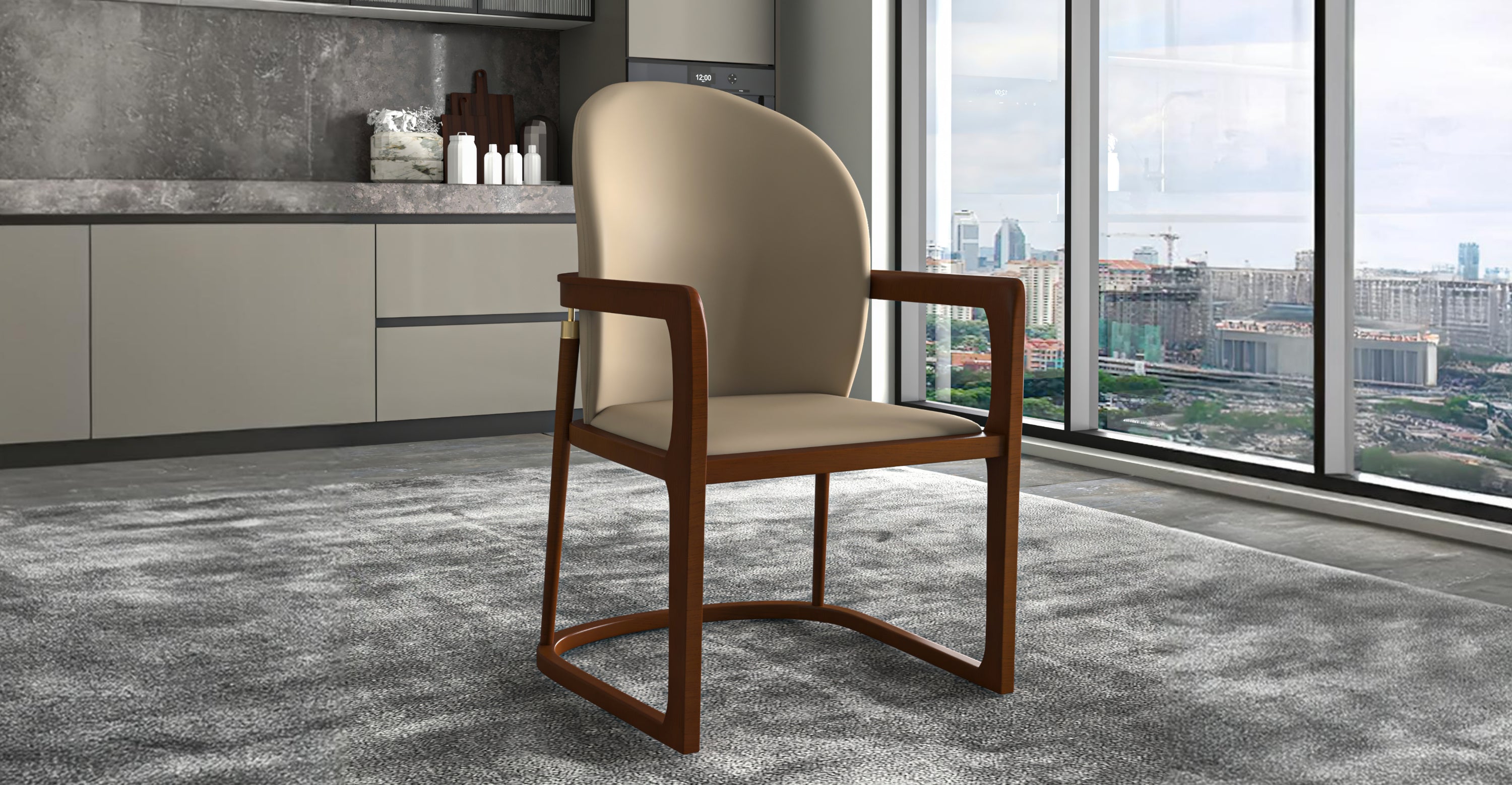 Svelta Dining Chair in Upholstered Leather Accent Arm Chair and Rubberwood Frame and Legs