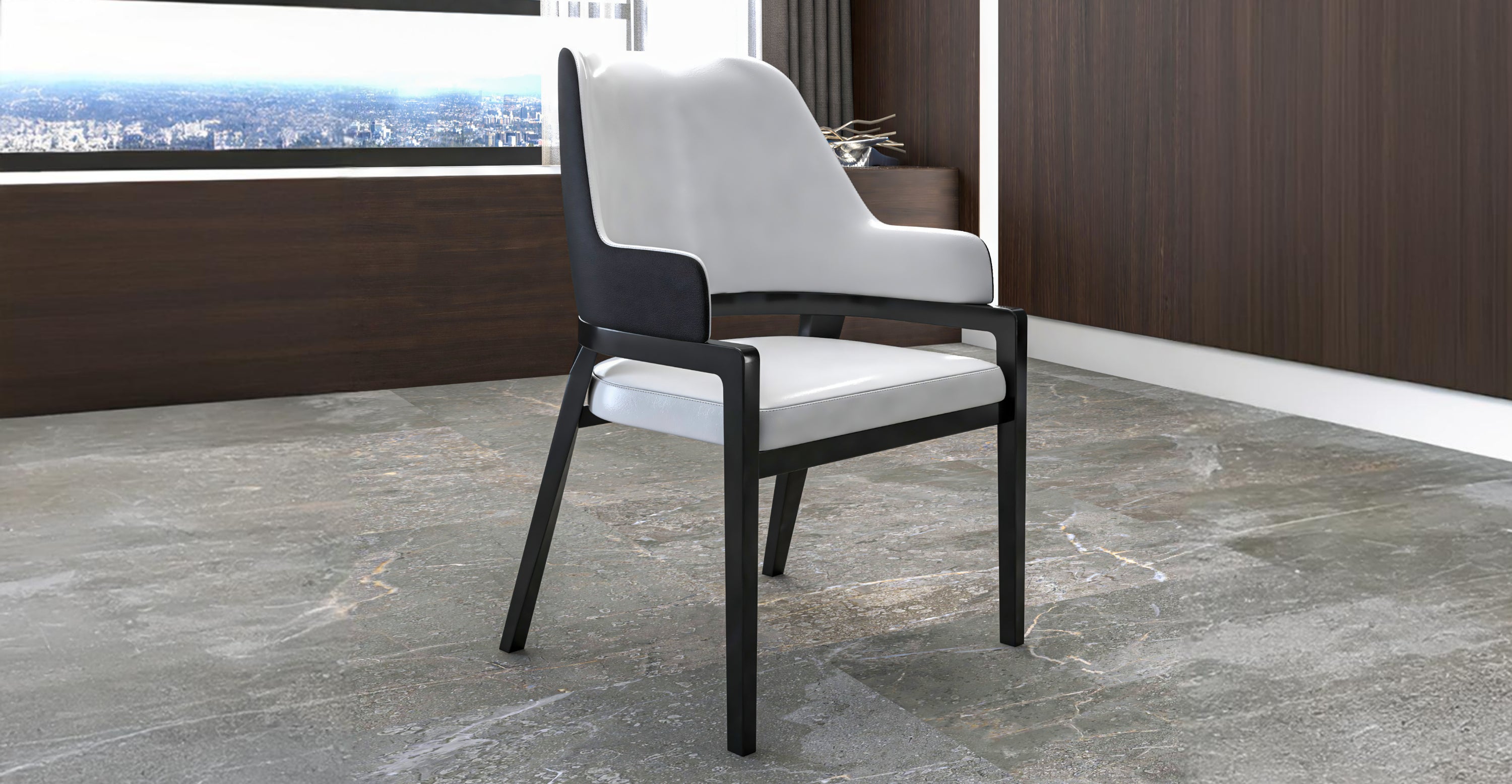 Ethora Dining Chair Upholstered in Leather with Curved Open Back Design and Rubberwood Frame