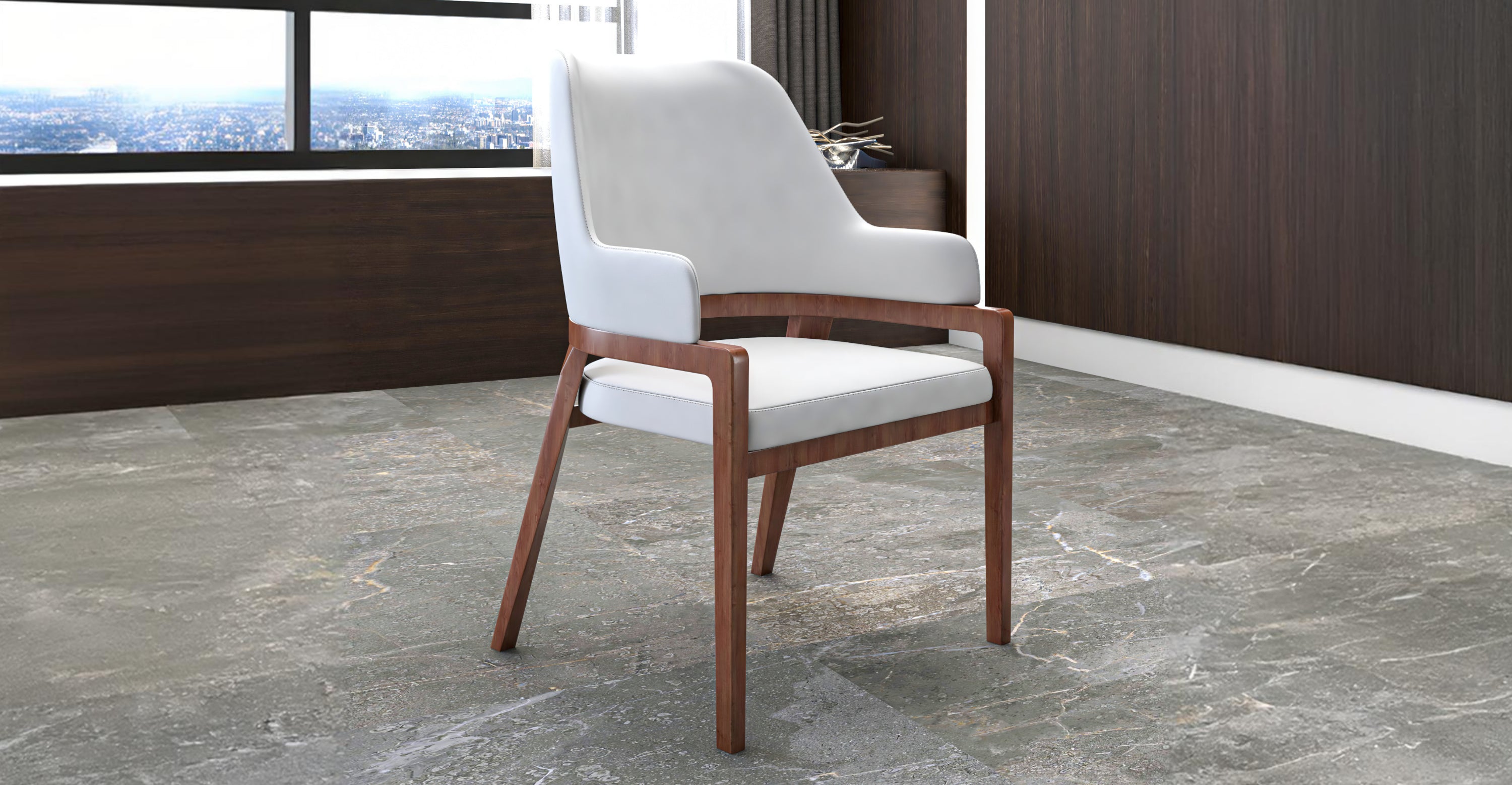 Ethora Dining Chair Upholstered in Leather with Curved Open Back Design and Rubberwood Frame