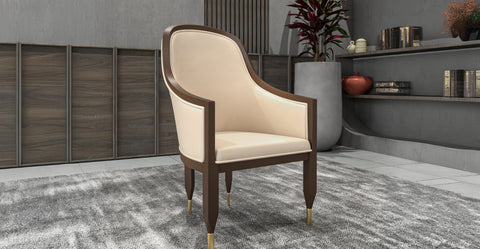 Belle Leather Dining Chair with Arms and Gold Metal Caps with Rubberwood Frame and Legs