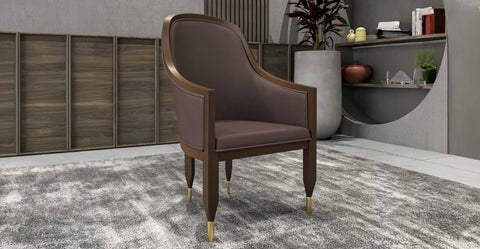 Belle Leather Dining Chair with Arms and Gold Metal Caps with Rubberwood Frame and Legs