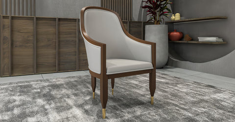 Belle Leather Dining Chair with Arms and Gold Metal Caps with Rubberwood Frame and Legs