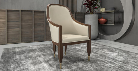 Belle Leather Dining Chair with Arms and Gold Metal Caps with Rubberwood Frame and Legs