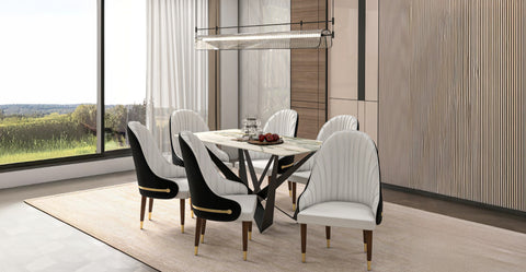 Elara Leather Dining Chair with Elegant Ripple Back and Gold Accents in Rubberwood