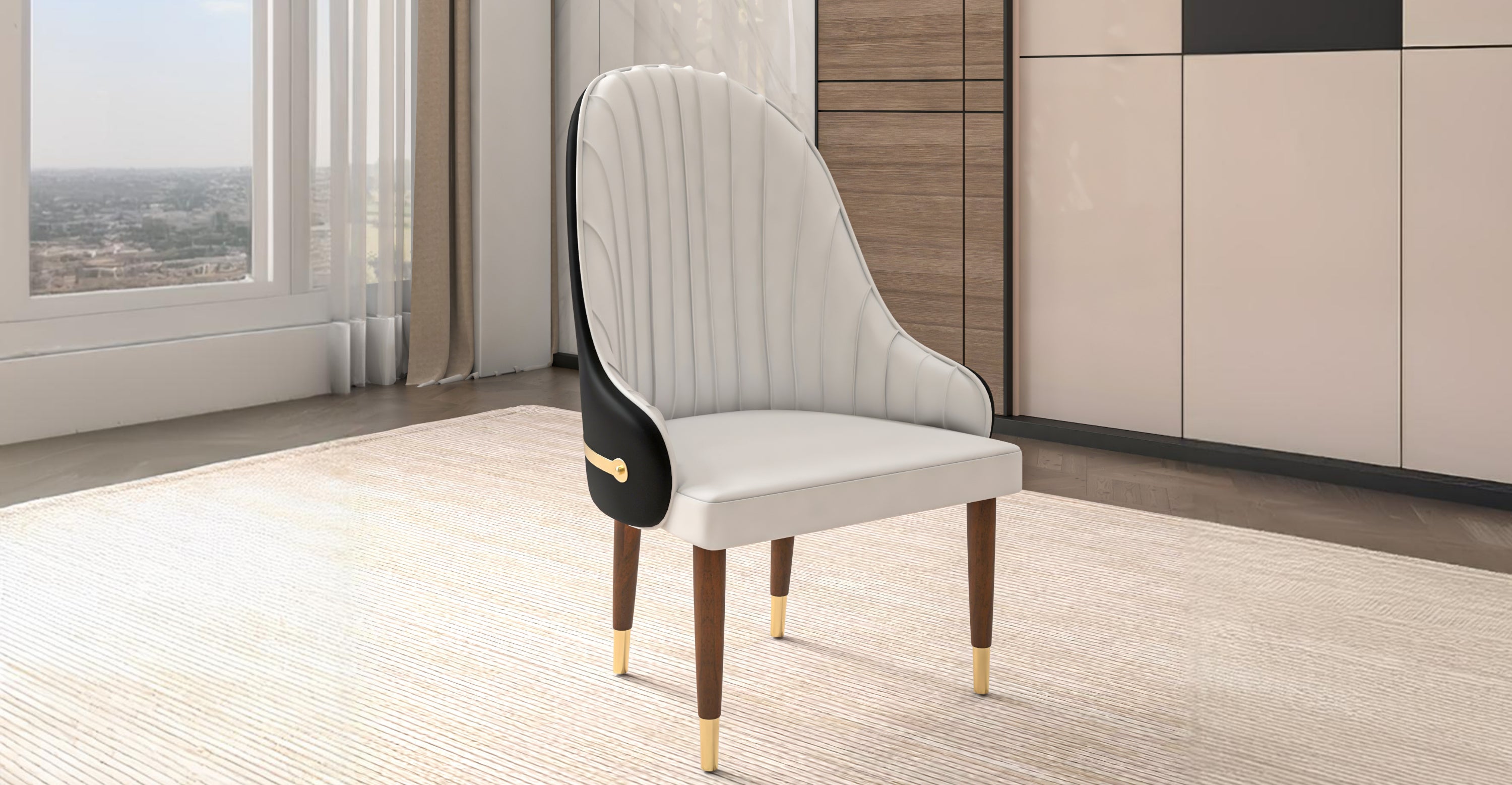 Elara Leather Dining Chair with Elegant Ripple Back and Gold Accents in Rubberwood