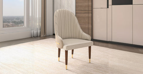 Elara Leather Dining Chair with Elegant Ripple Back and Gold Accents in Rubberwood