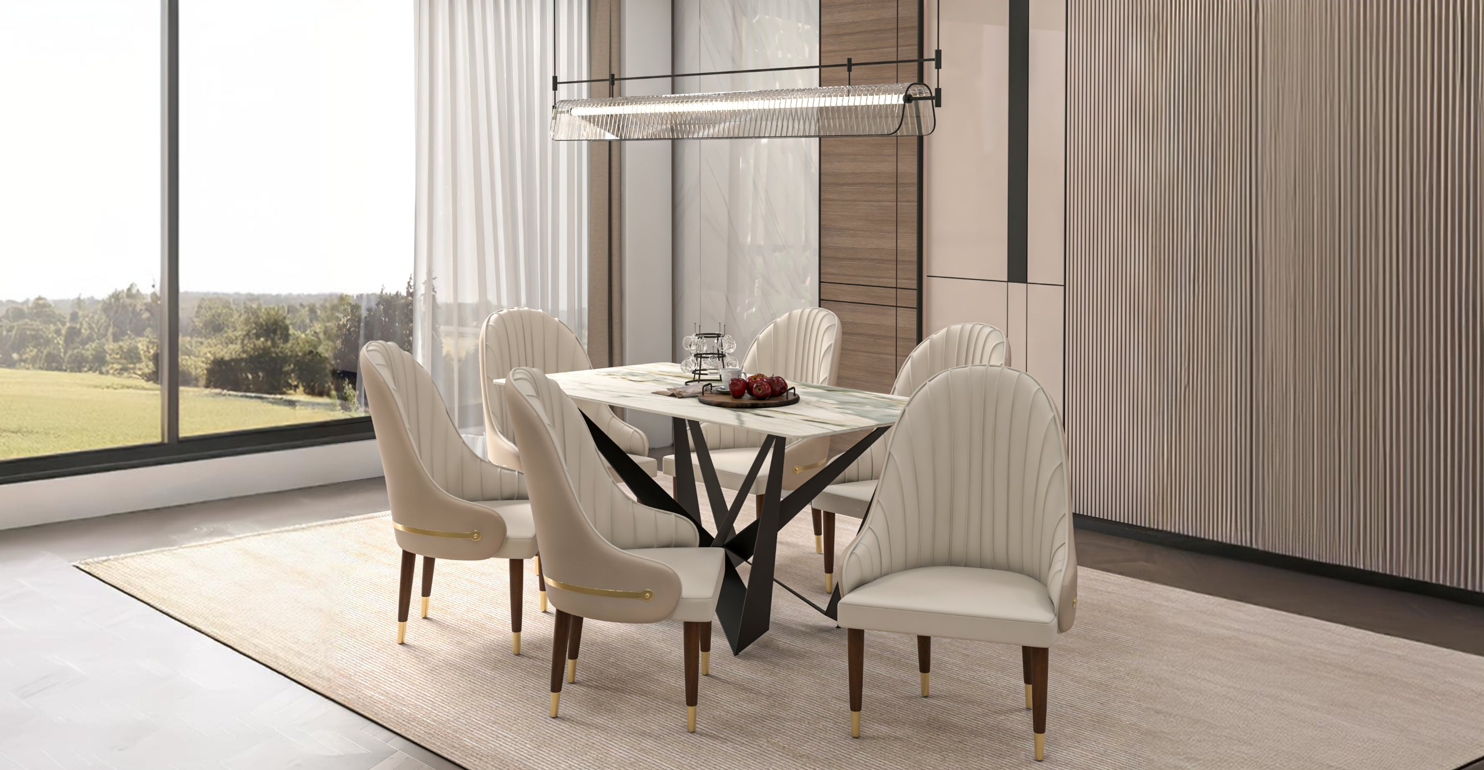 Elara Leather Dining Chair with Elegant Ripple Back and Gold Accents in Rubberwood