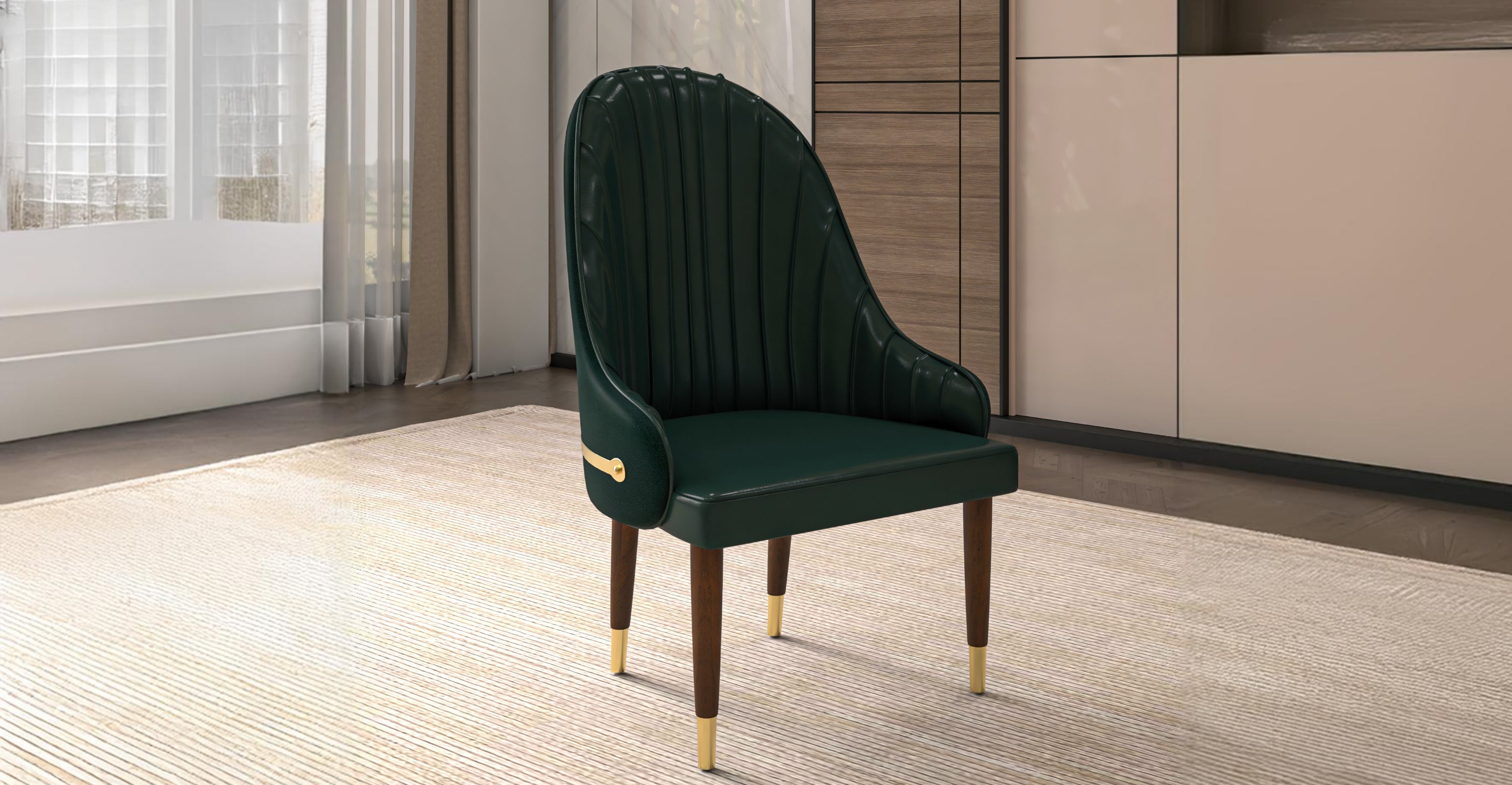 Elara Leather Dining Chair with Elegant Ripple Back and Gold Accents in Rubberwood