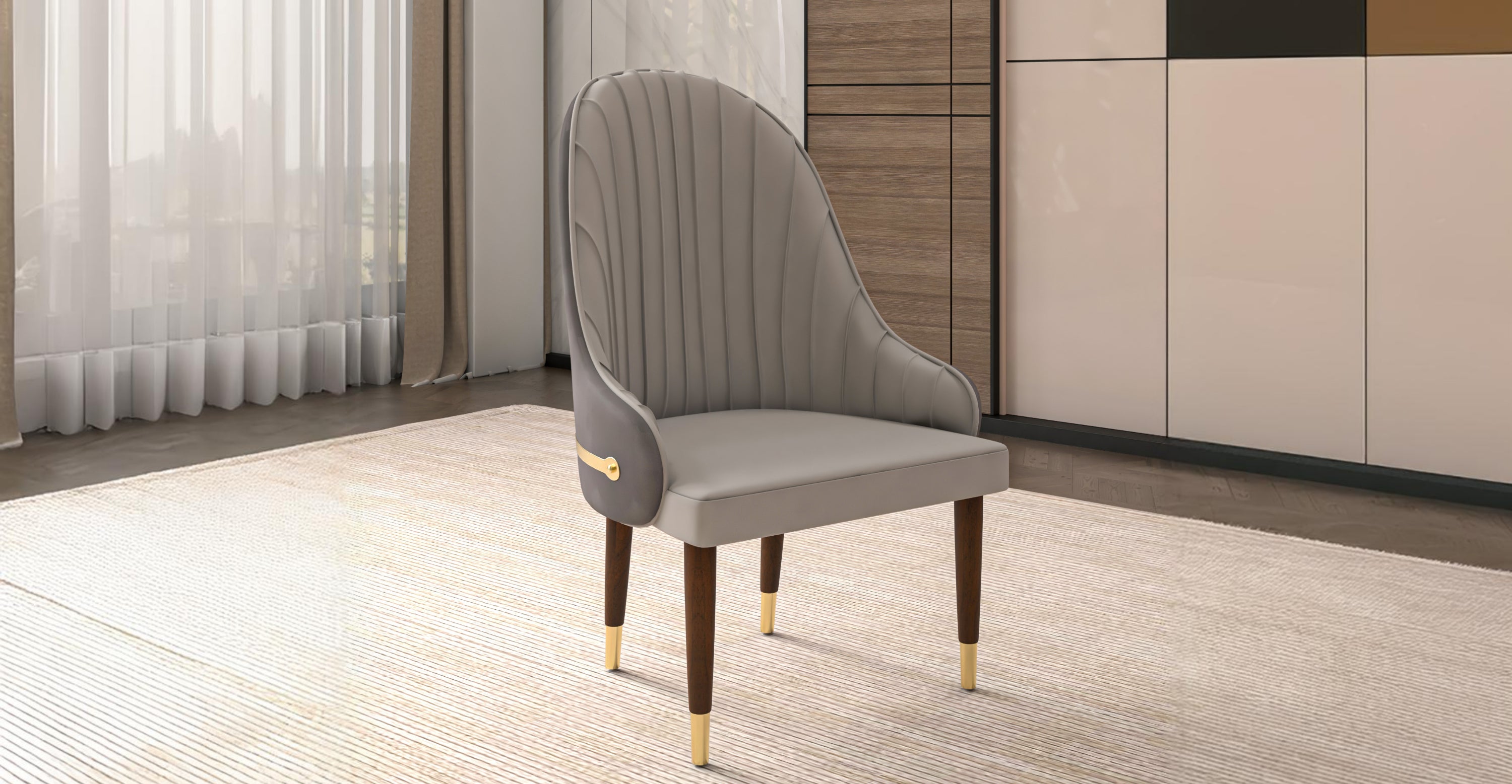 Elara Leather Dining Chair with Elegant Ripple Back and Gold Accents in Rubberwood