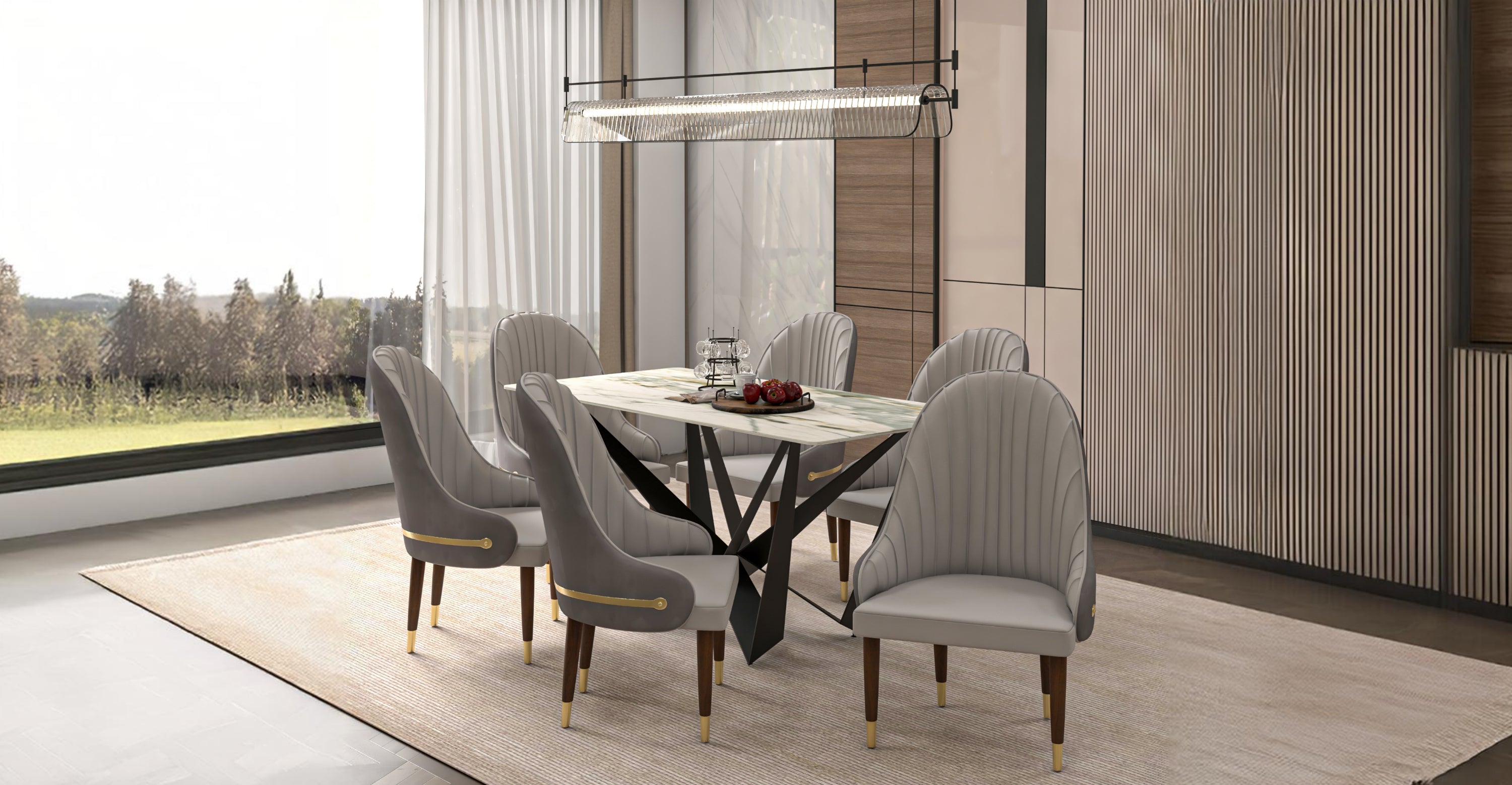 Elara Leather Dining Chair with Elegant Ripple Back and Gold Accents in Rubberwood