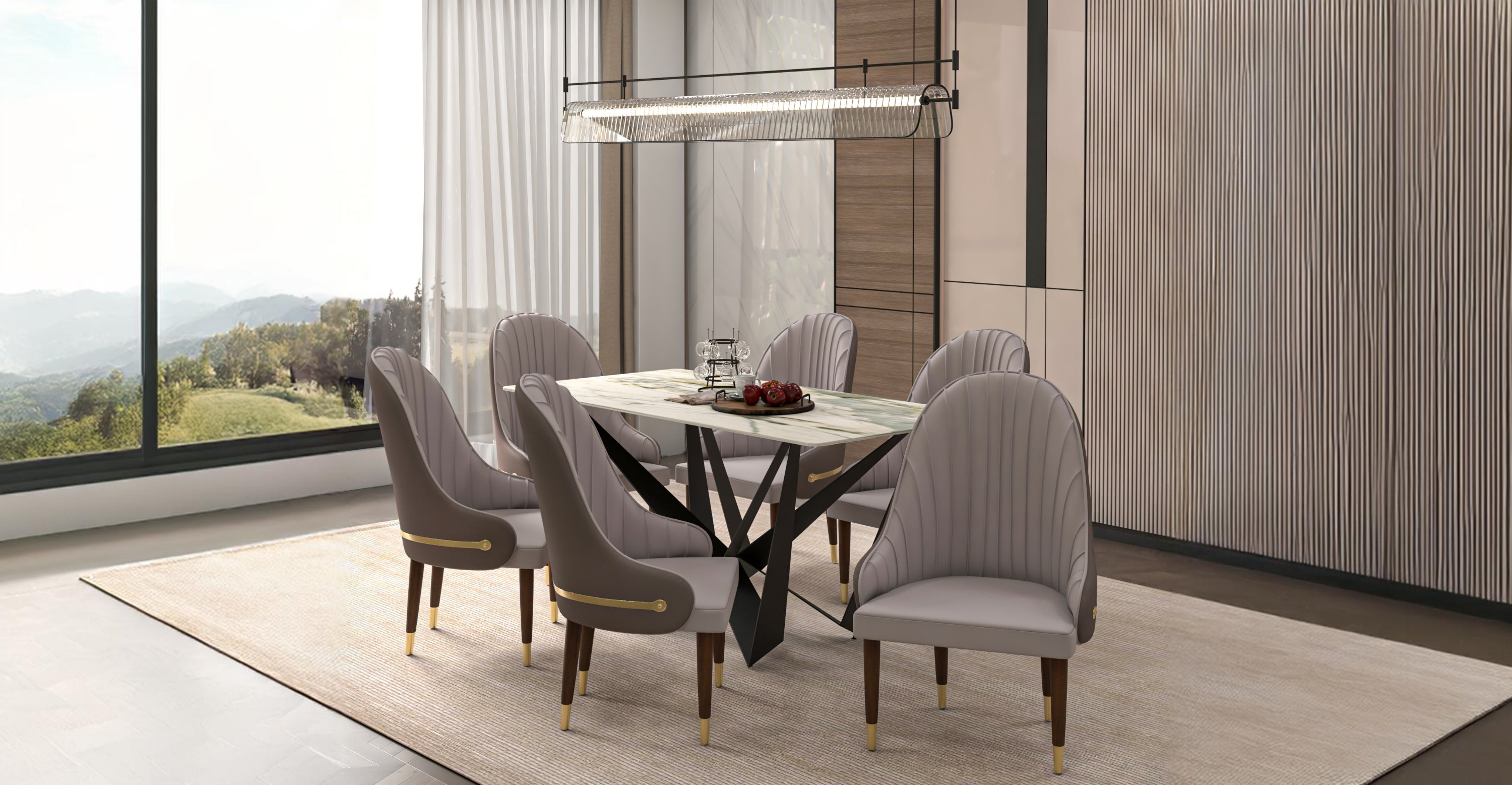 Elara Leather Dining Chair with Elegant Ripple Back and Gold Accents in Rubberwood