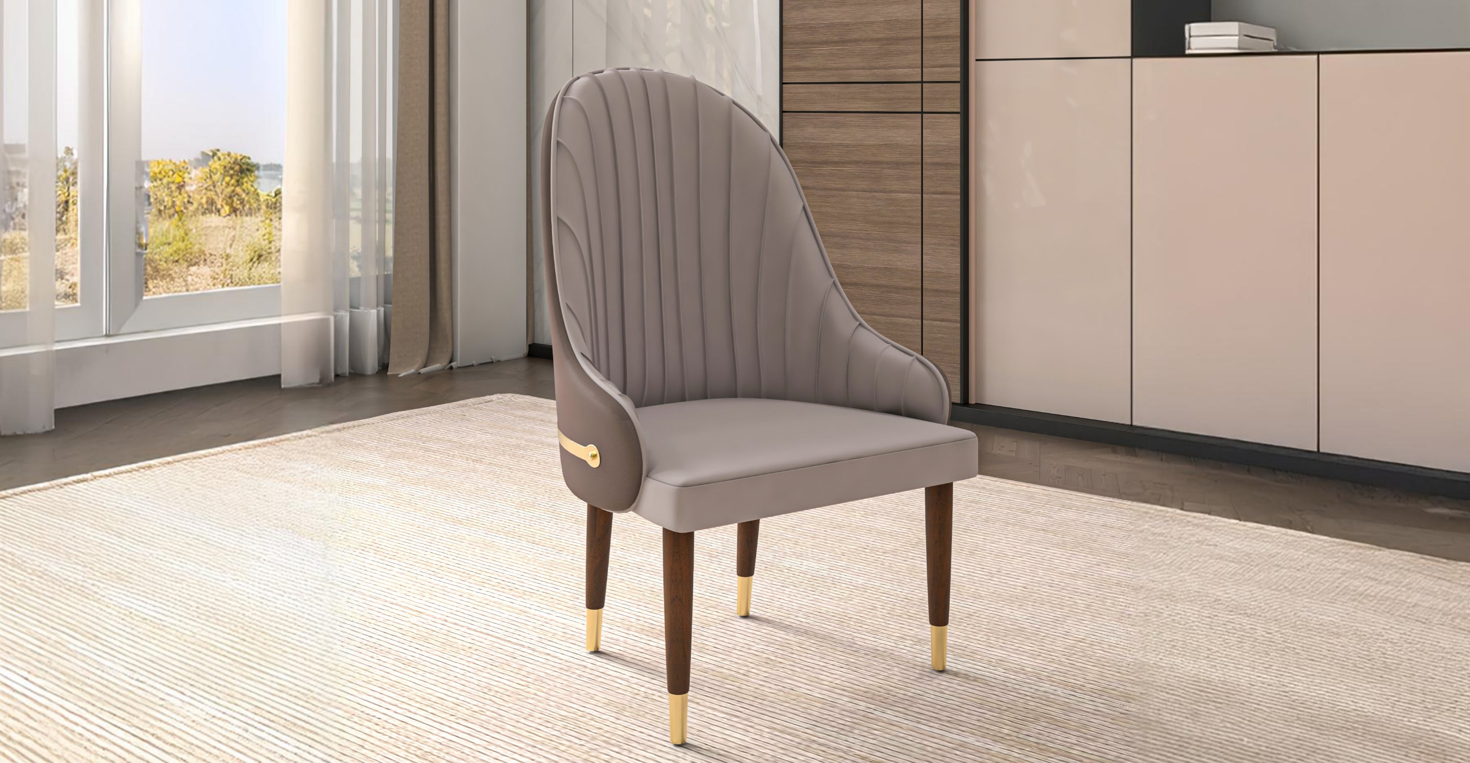 Elara Leather Dining Chair with Elegant Ripple Back and Gold Accents in Rubberwood