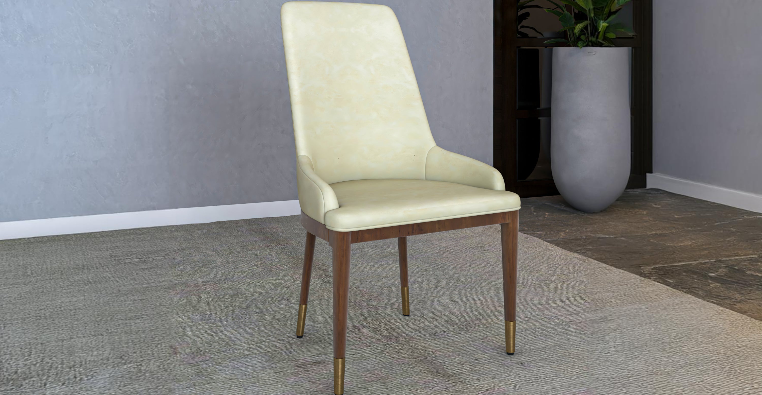 Viva Dining Side Chair Upholstered in Leather with Brown Rubberwood Legs