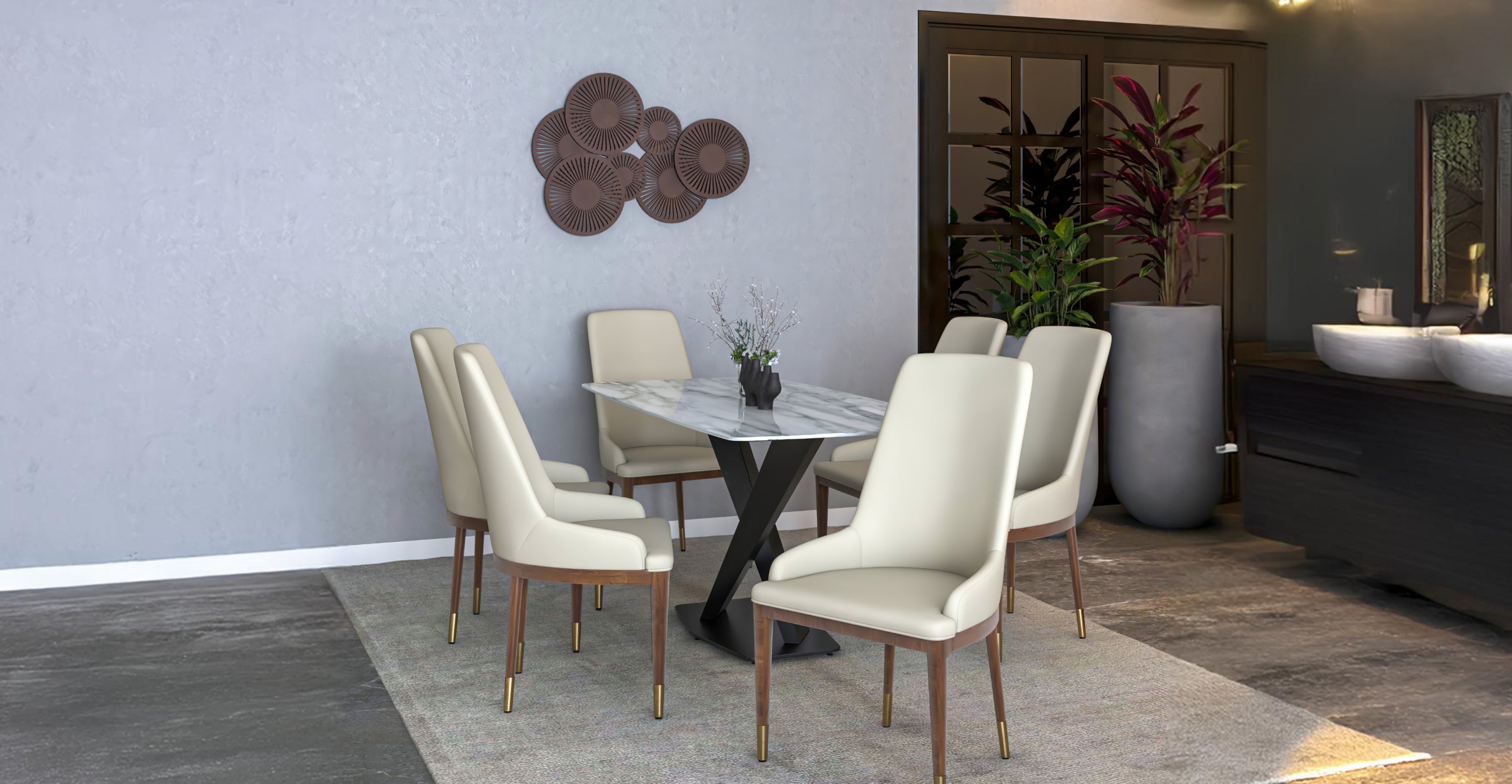 Viva Dining Side Chair Upholstered in Leather with Brown Rubberwood Legs