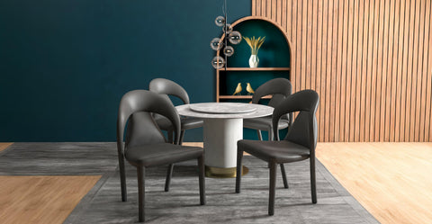 Solace Series Dining Chair Upholstered in Leather with Steel Legs and an Open Back Design