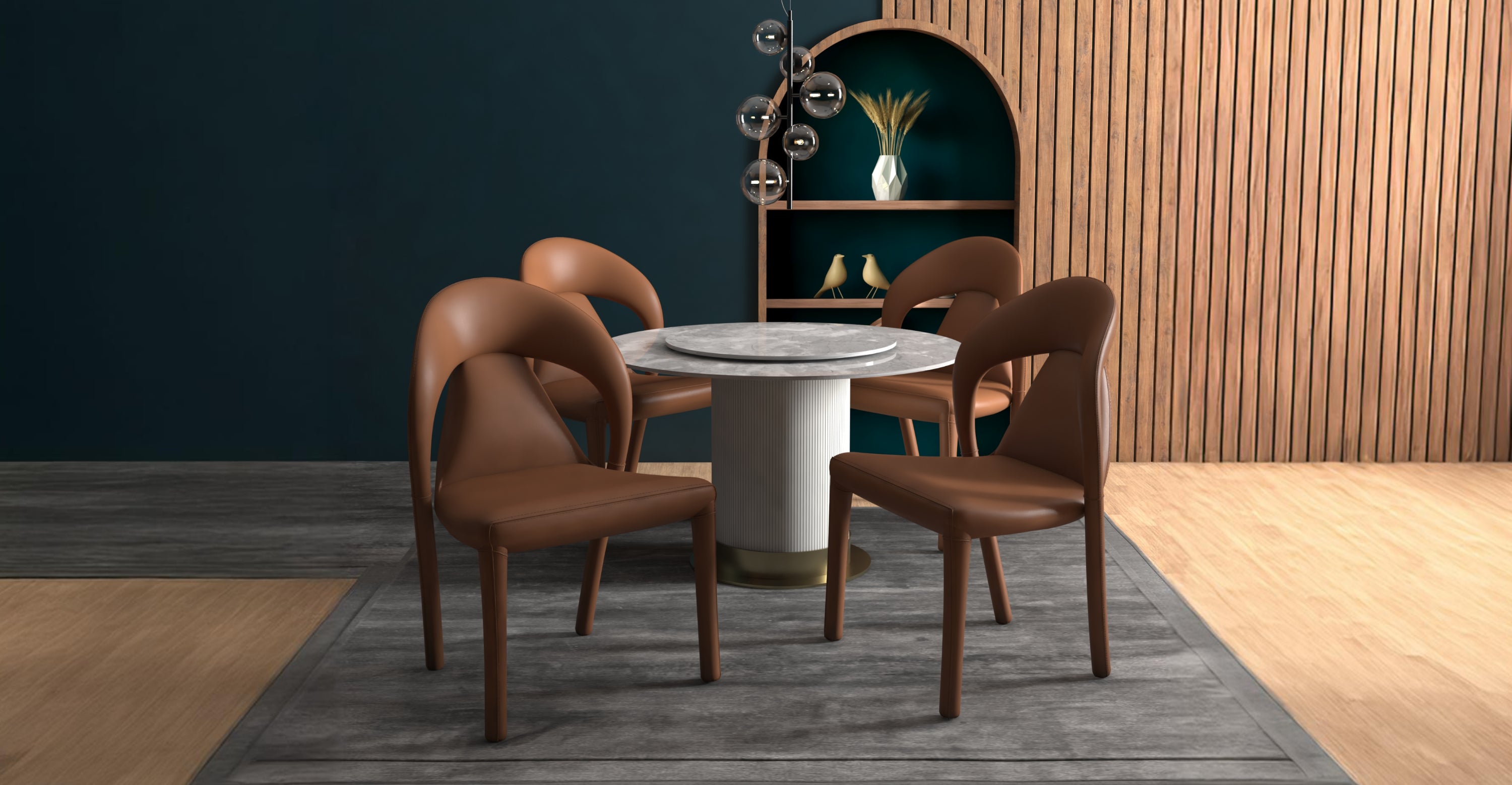 Solace Series Dining Chair Upholstered in Leather with Steel Legs and an Open Back Design