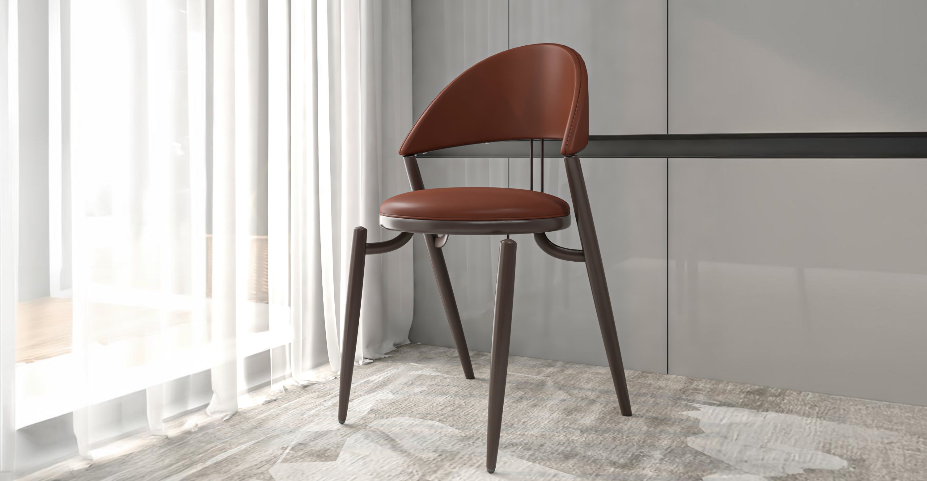 Venice Dining Chair Upholstered Leather in Iron With an Open Curved Back Design