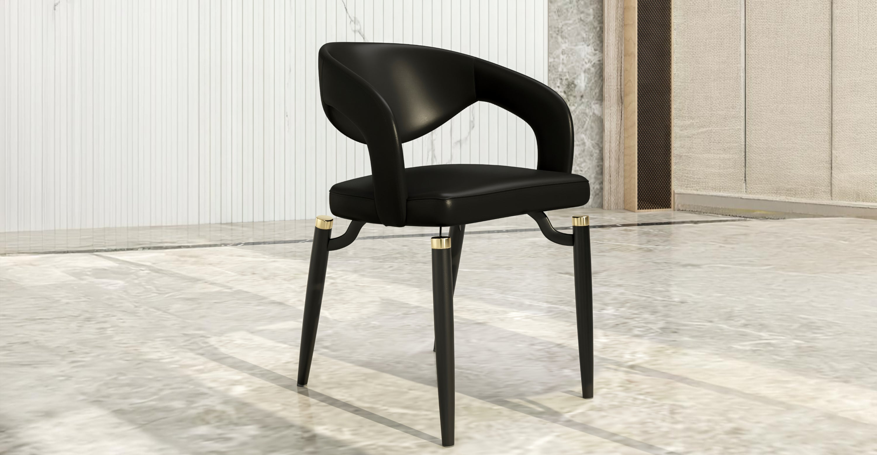 Entice Dining Chairs Upholstered Leather Seat and Curved Back in Black Iron Legs