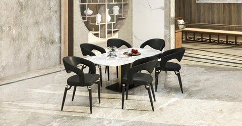 Entice Dining Chairs Upholstered Leather Seat and Curved Back in Black Iron Legs