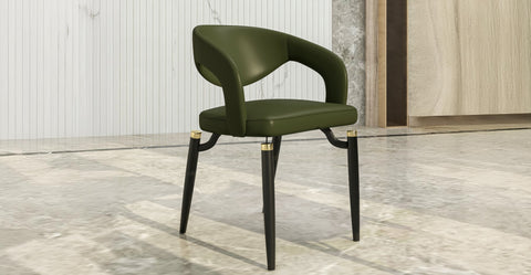 Entice Dining Chairs Upholstered Leather Seat and Curved Back in Black Iron Legs