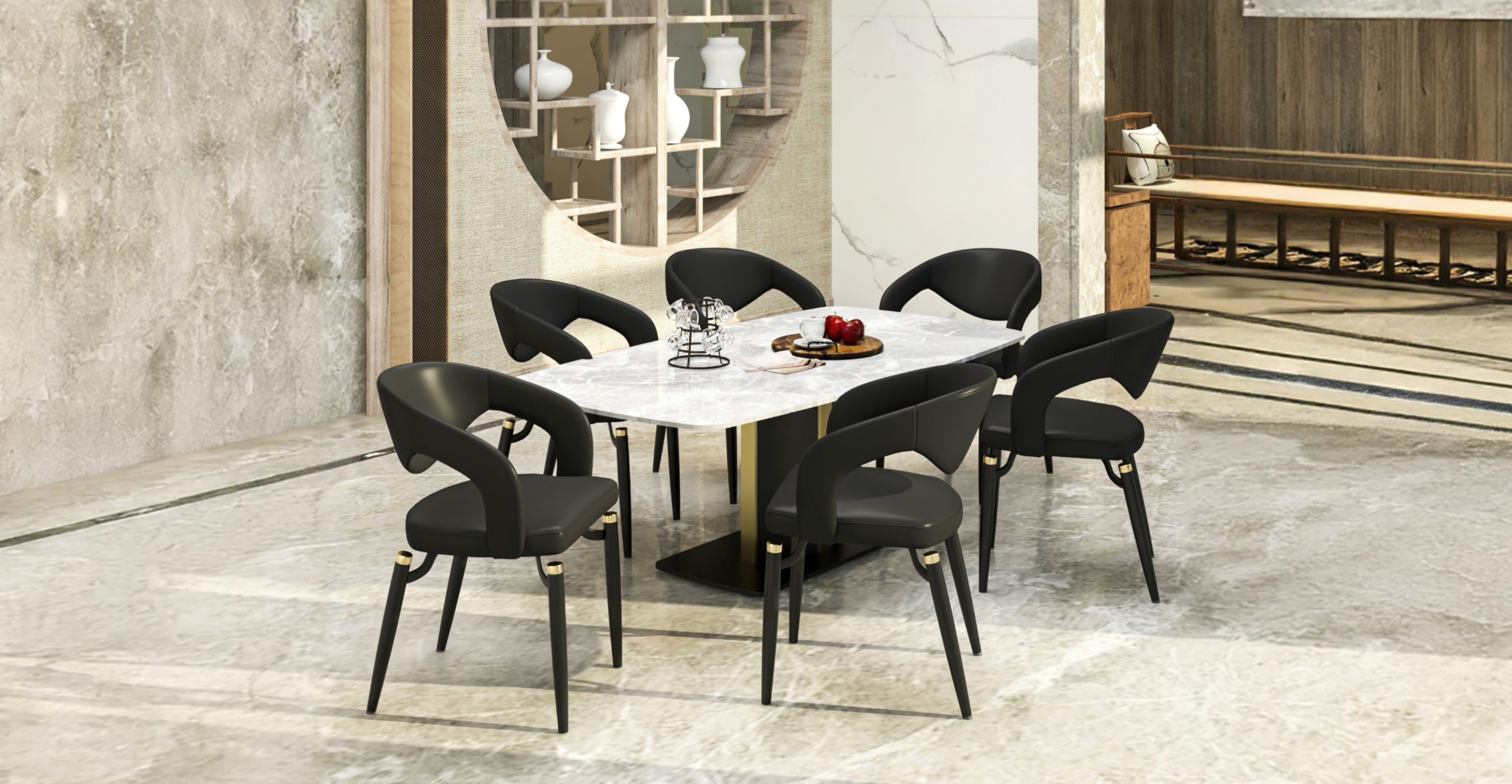 Entice Dining Chairs Upholstered Leather Seat and Curved Back in Black Iron Legs