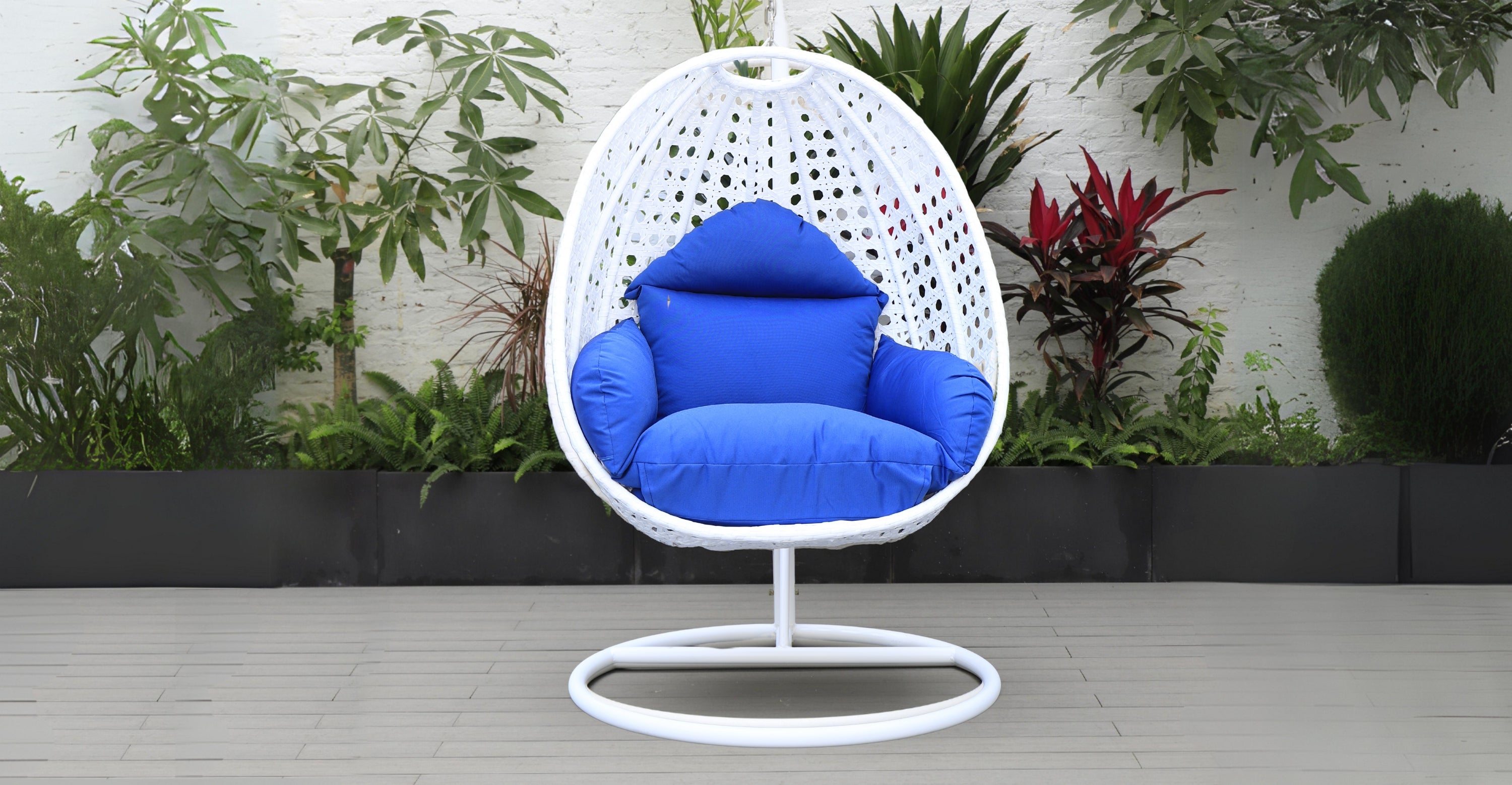 White Wicker Hanging Single Egg Swing Chair With Cushions