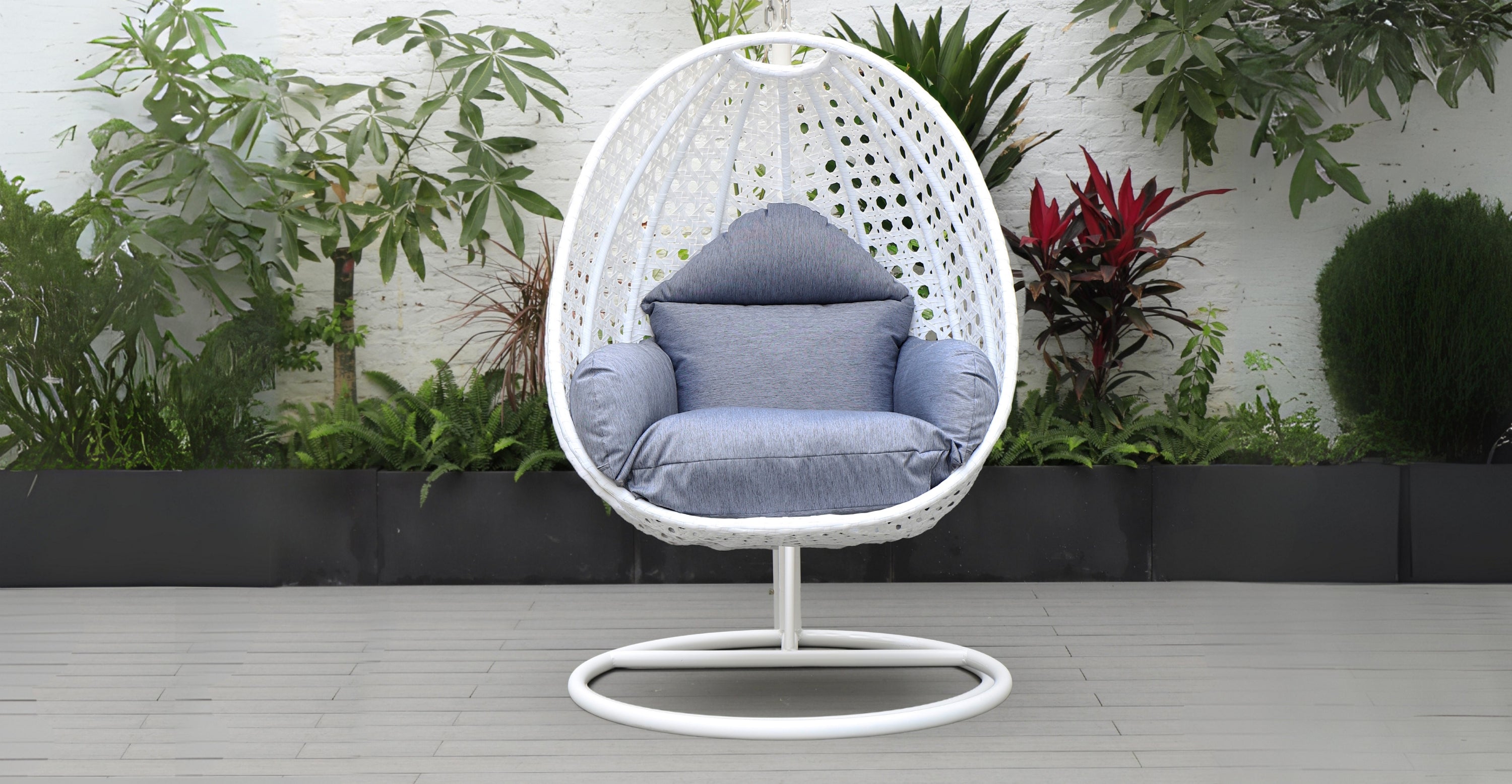 White Wicker Hanging Single Egg Swing Chair With Cushions