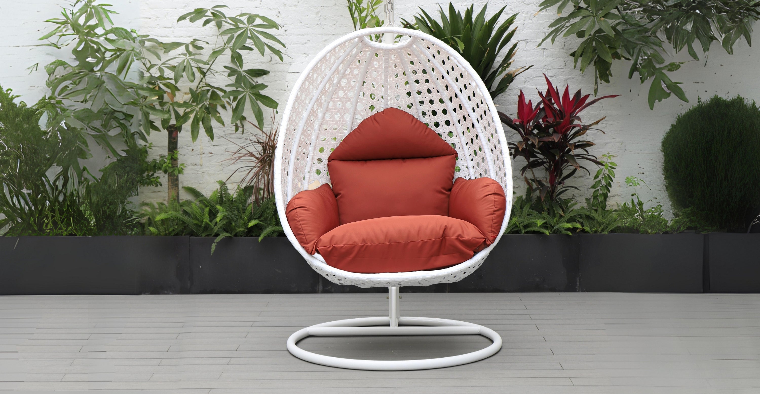 White Wicker Hanging Single Egg Swing Chair With Cushions