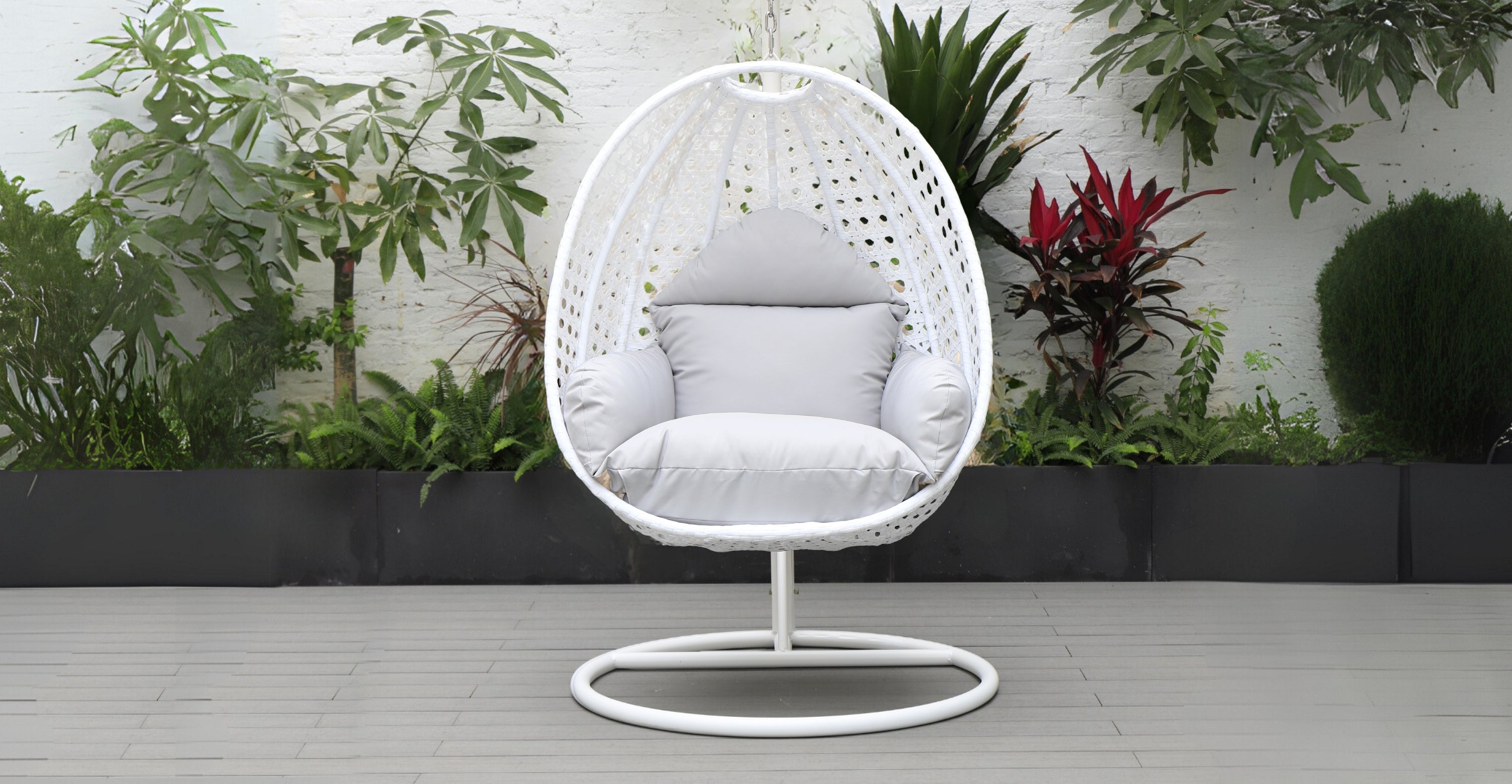 White Wicker Hanging Single Egg Swing Chair With Cushions