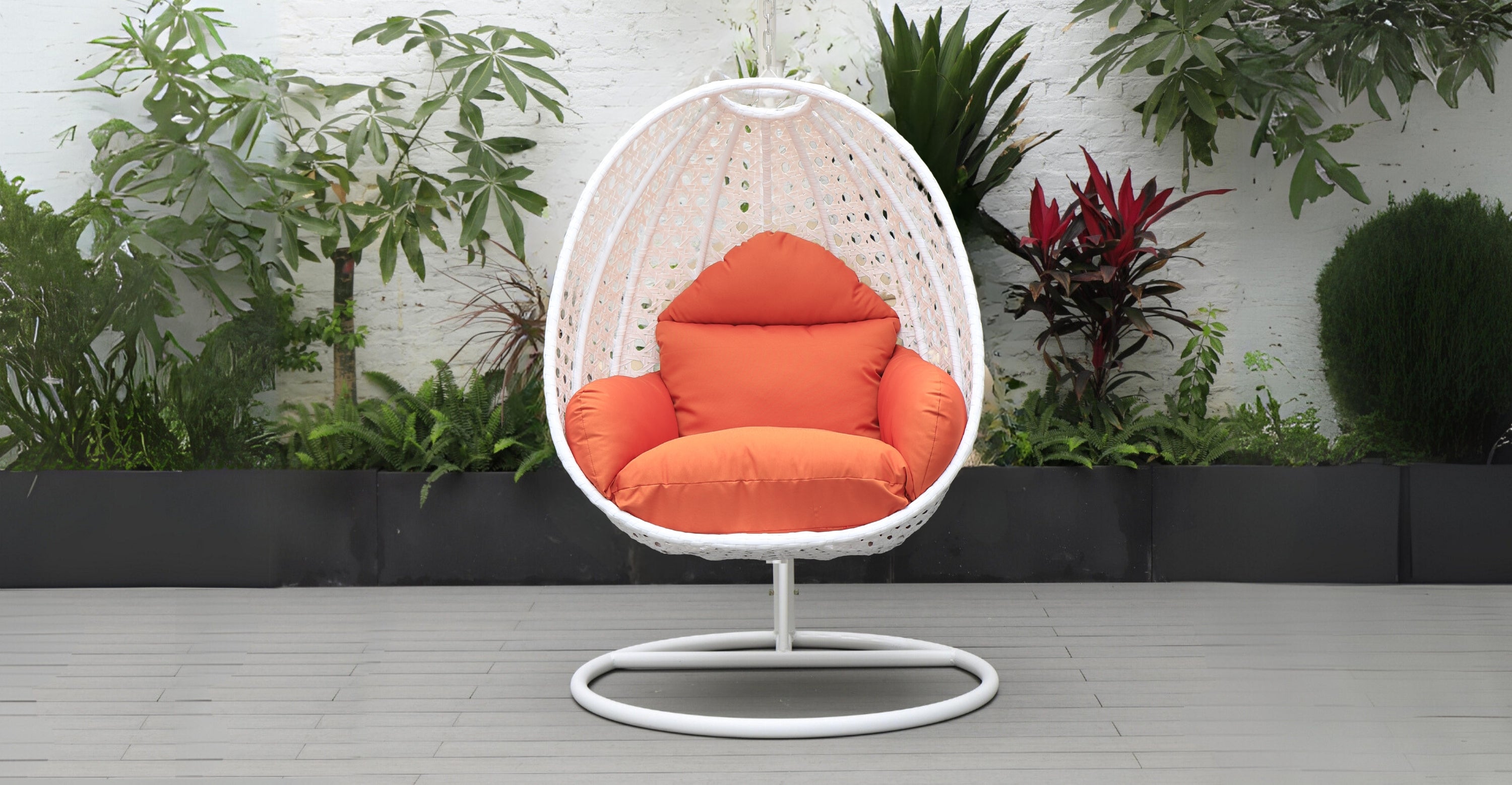 White Wicker Hanging Single Egg Swing Chair With Cushions