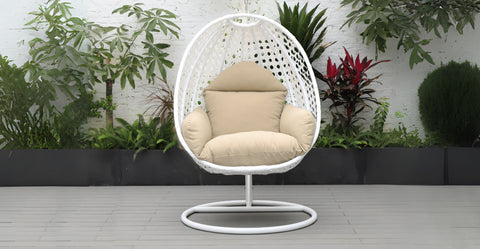 White Wicker Hanging Single Egg Swing Chair With Cushions