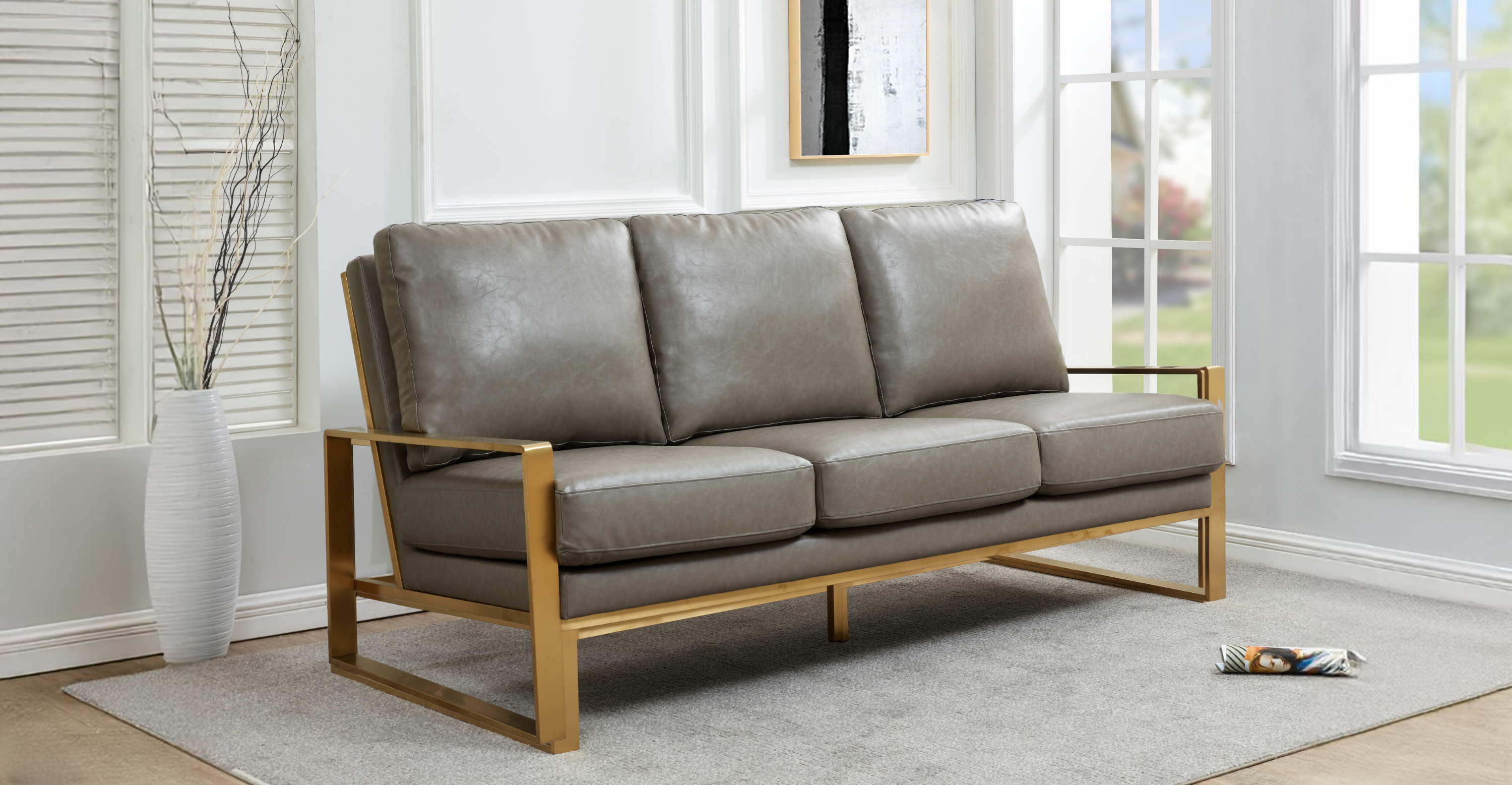 Jefferson 3-Seater Velvet/Leather Full Size Sofa in Stainless Steel