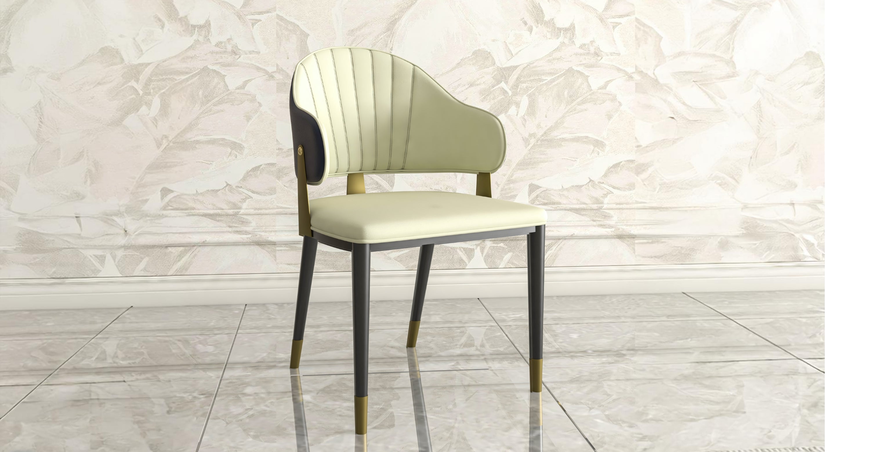 Aria Leather Dining Chair with a Curved Back and Gold Accents Design in Iron