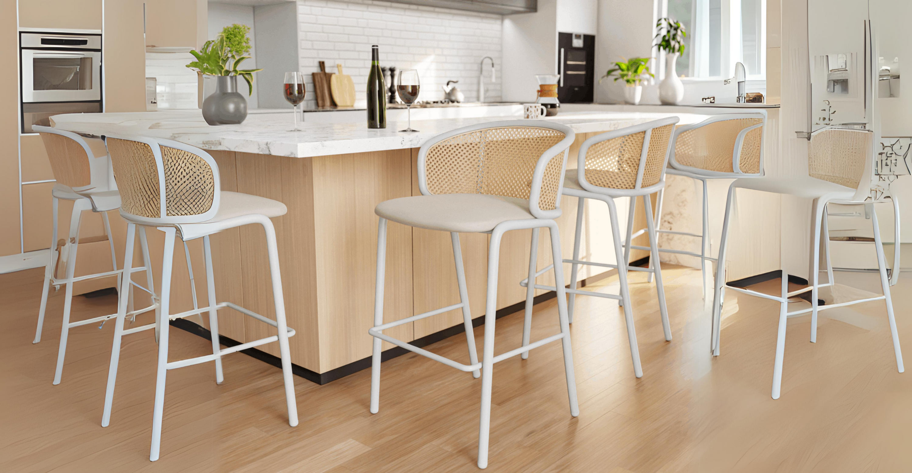 Ervilla Modern Wicker Bar Stool with Fabric Seat and White Powder Coated Steel Frame