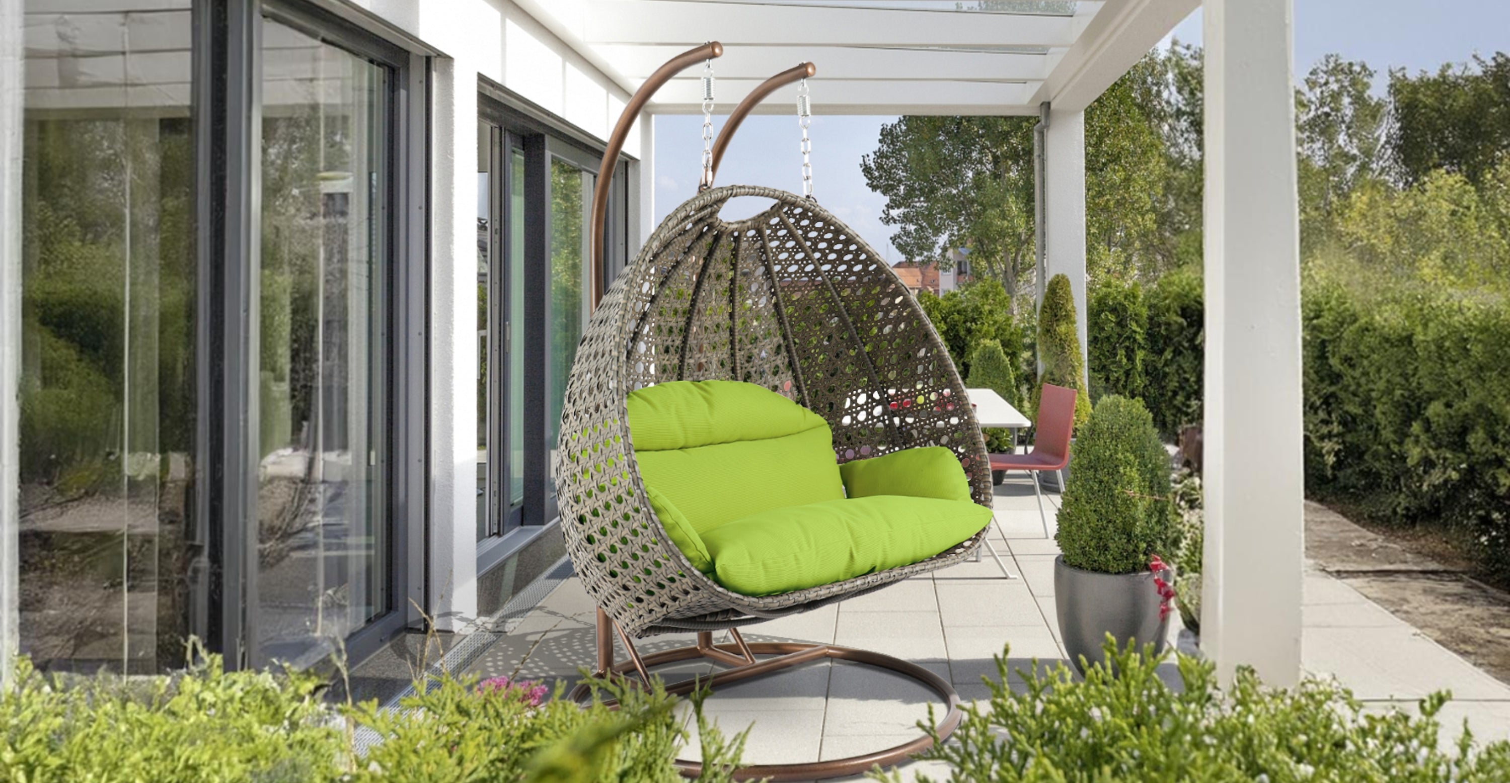 Modern Beige Wicker Hanging Double Seater Egg Swing Chair