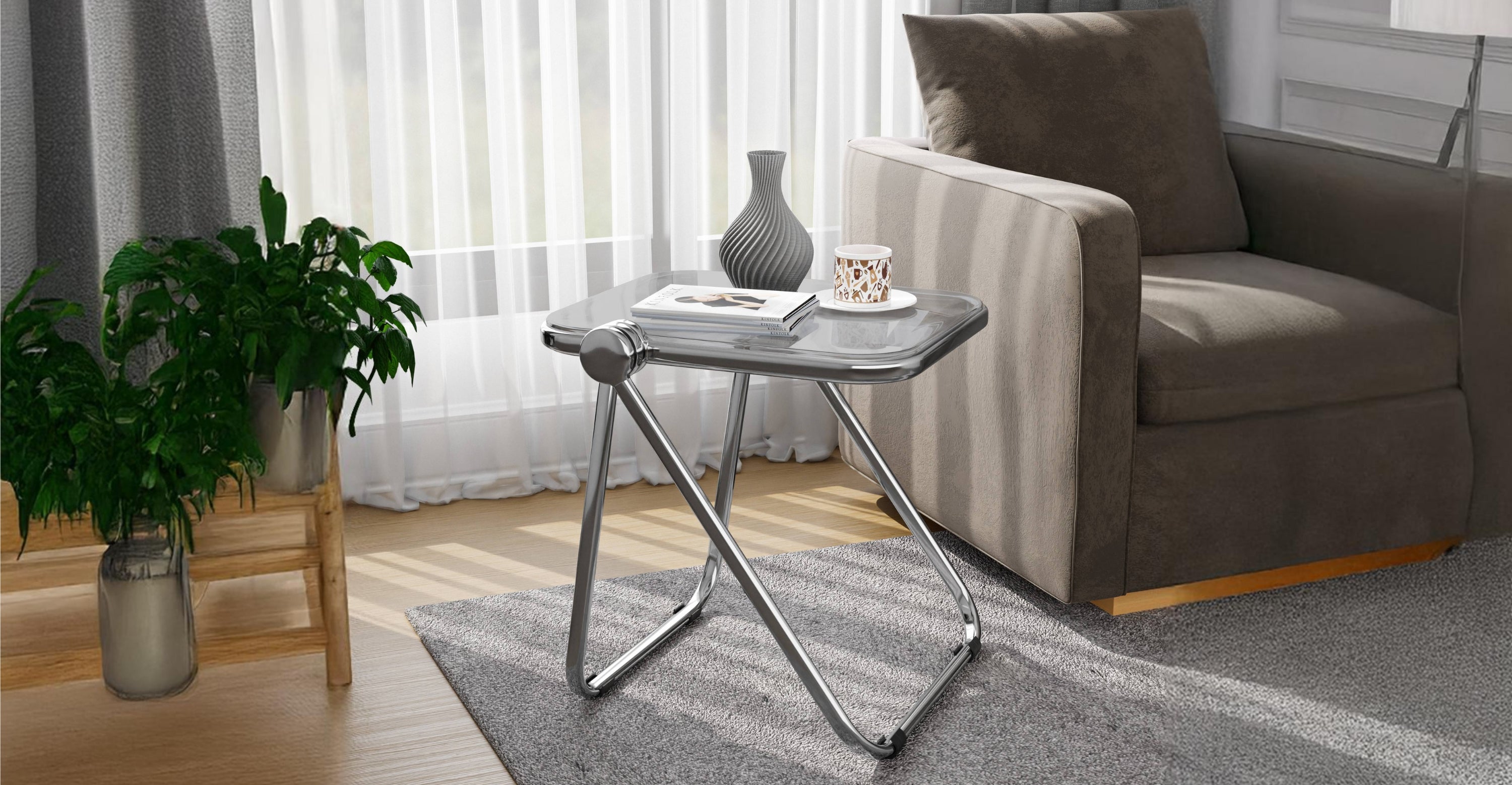 Lawrence Square Folding Side Table with Plastic Tabletop in Chrome Aluminum Frame