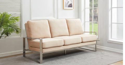 Jefferson 3-Seater Velvet/Leather Full Size Sofa in Stainless Steel