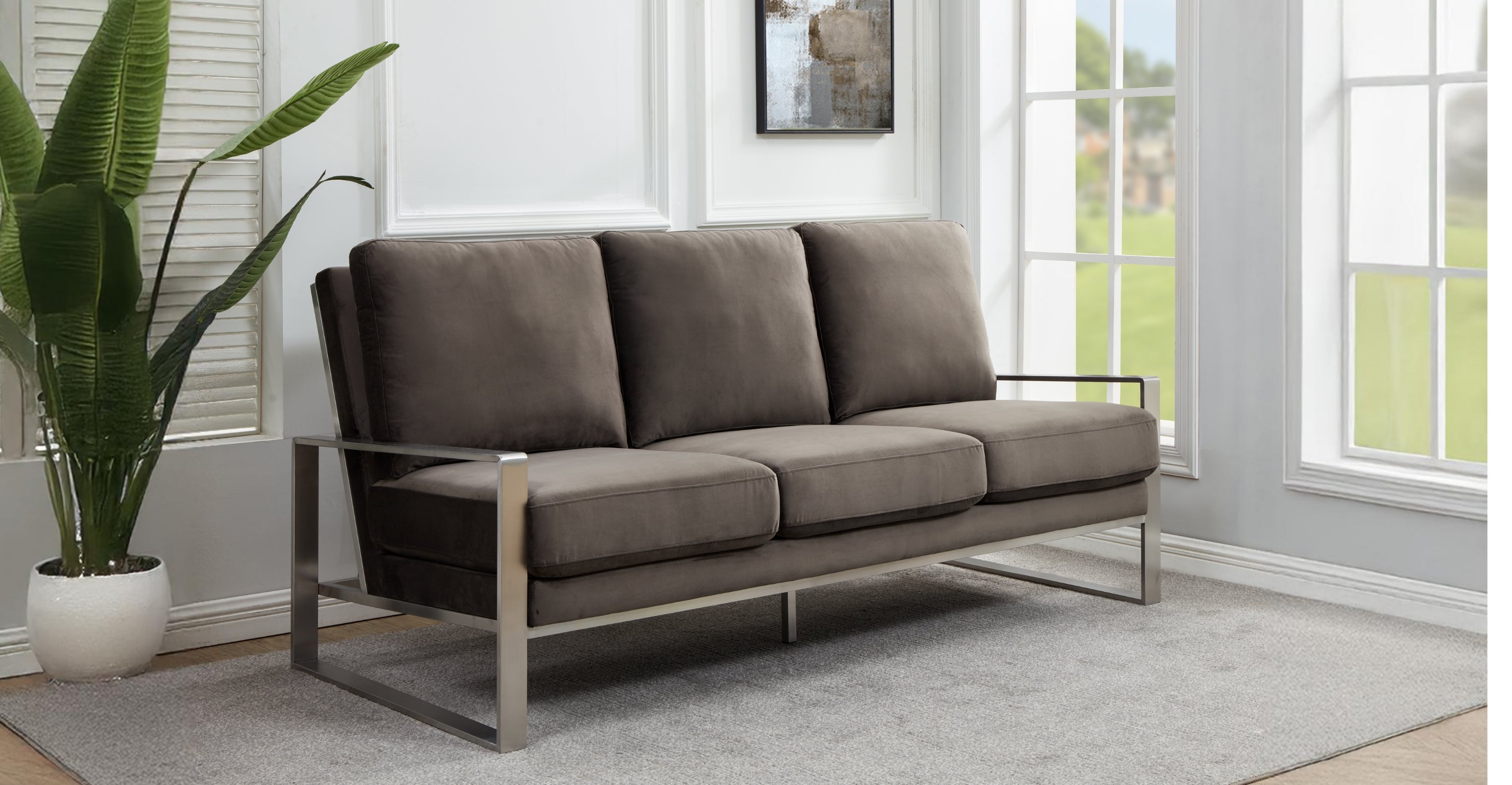 Jefferson 3-Seater Velvet/Leather Full Size Sofa in Stainless Steel