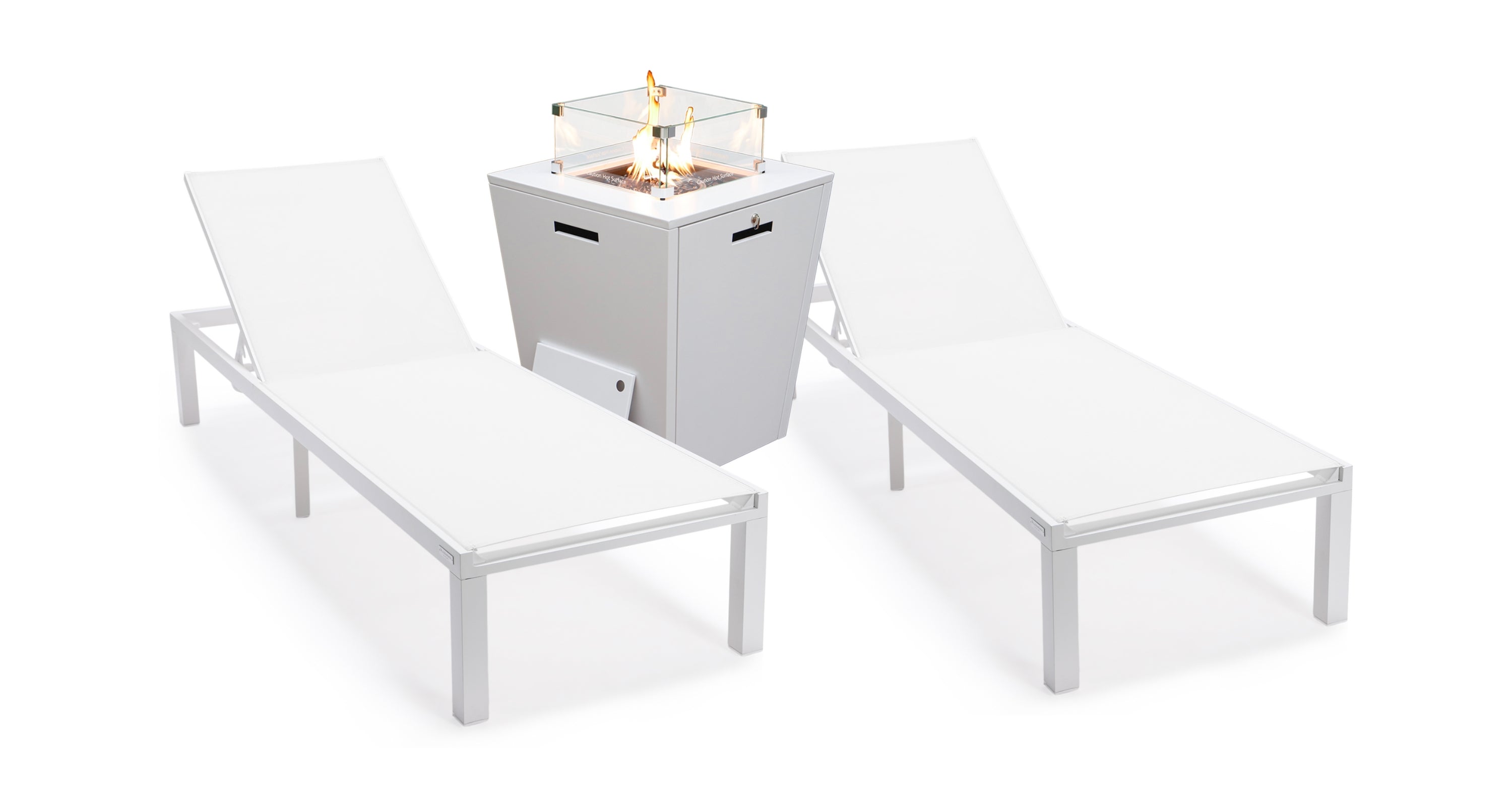 Marlin Modern White Aluminum Outdoor Chaise Lounge Chair With Square Fire Pit Side Table Set of 2