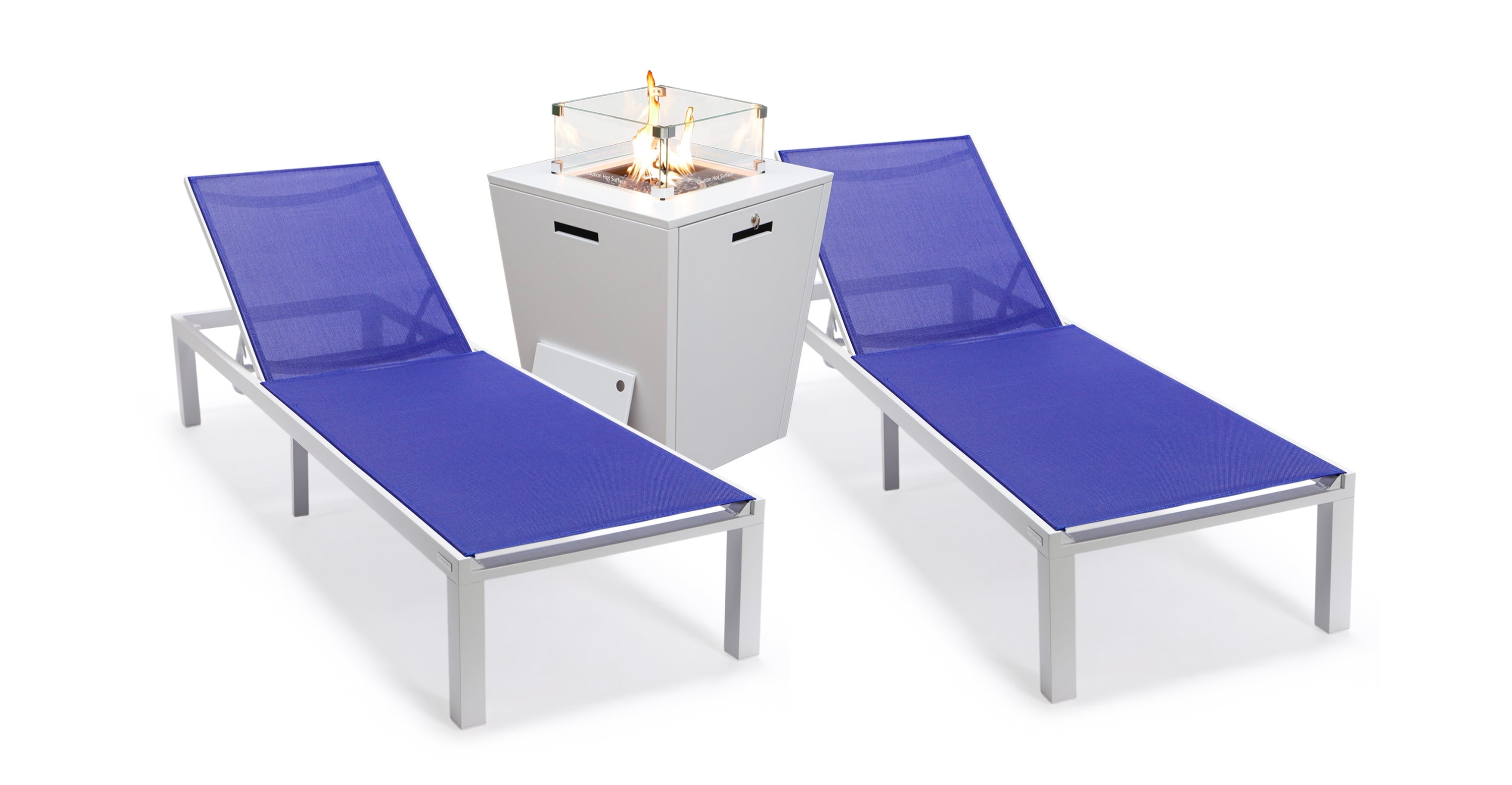 Marlin Modern White Aluminum Outdoor Chaise Lounge Chair With Square Fire Pit Side Table Set of 2