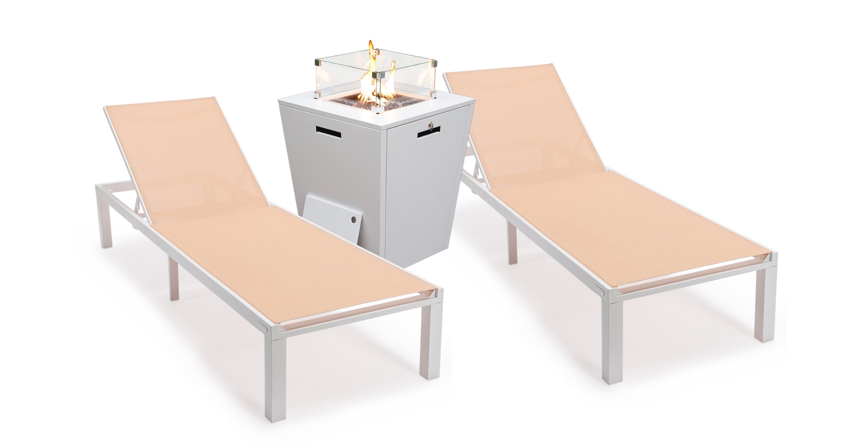 Marlin Modern White Aluminum Outdoor Chaise Lounge Chair With Square Fire Pit Side Table Set of 2