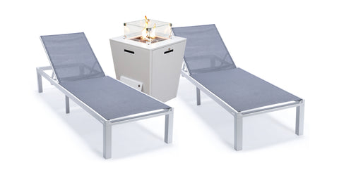 Marlin Modern White Aluminum Outdoor Chaise Lounge Chair With Square Fire Pit Side Table Set of 2