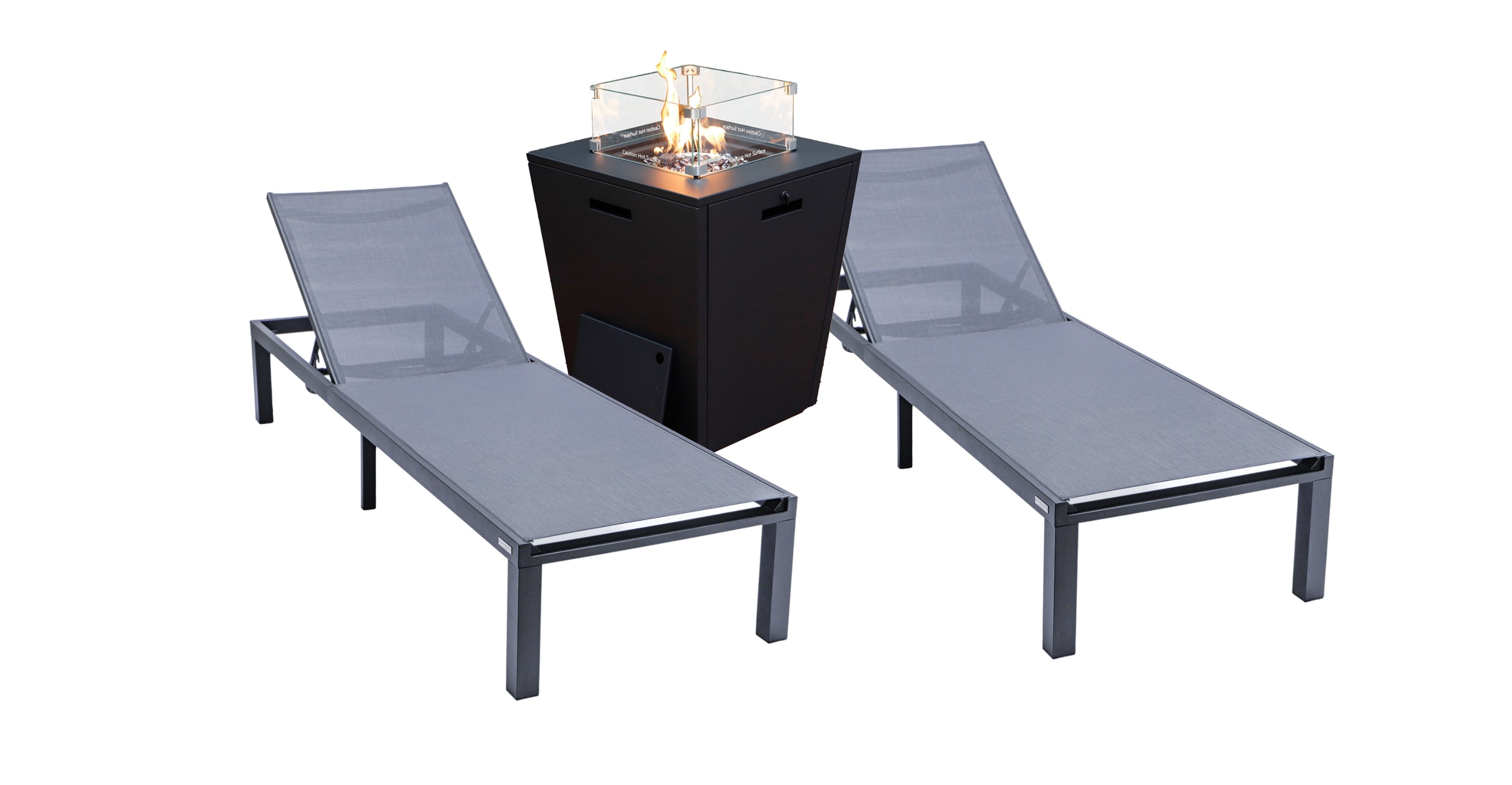 Marlin Modern Black Aluminum Outdoor Chaise Lounge Chair With Square Fire Pit Side Table Set of 2