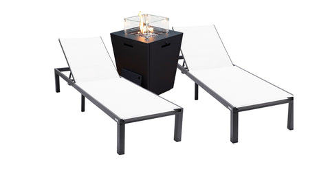 Marlin Modern Black Aluminum Outdoor Chaise Lounge Chair With Square Fire Pit Side Table Set of 2