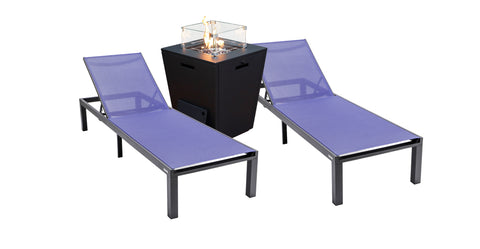 Marlin Modern Black Aluminum Outdoor Chaise Lounge Chair With Square Fire Pit Side Table Set of 2