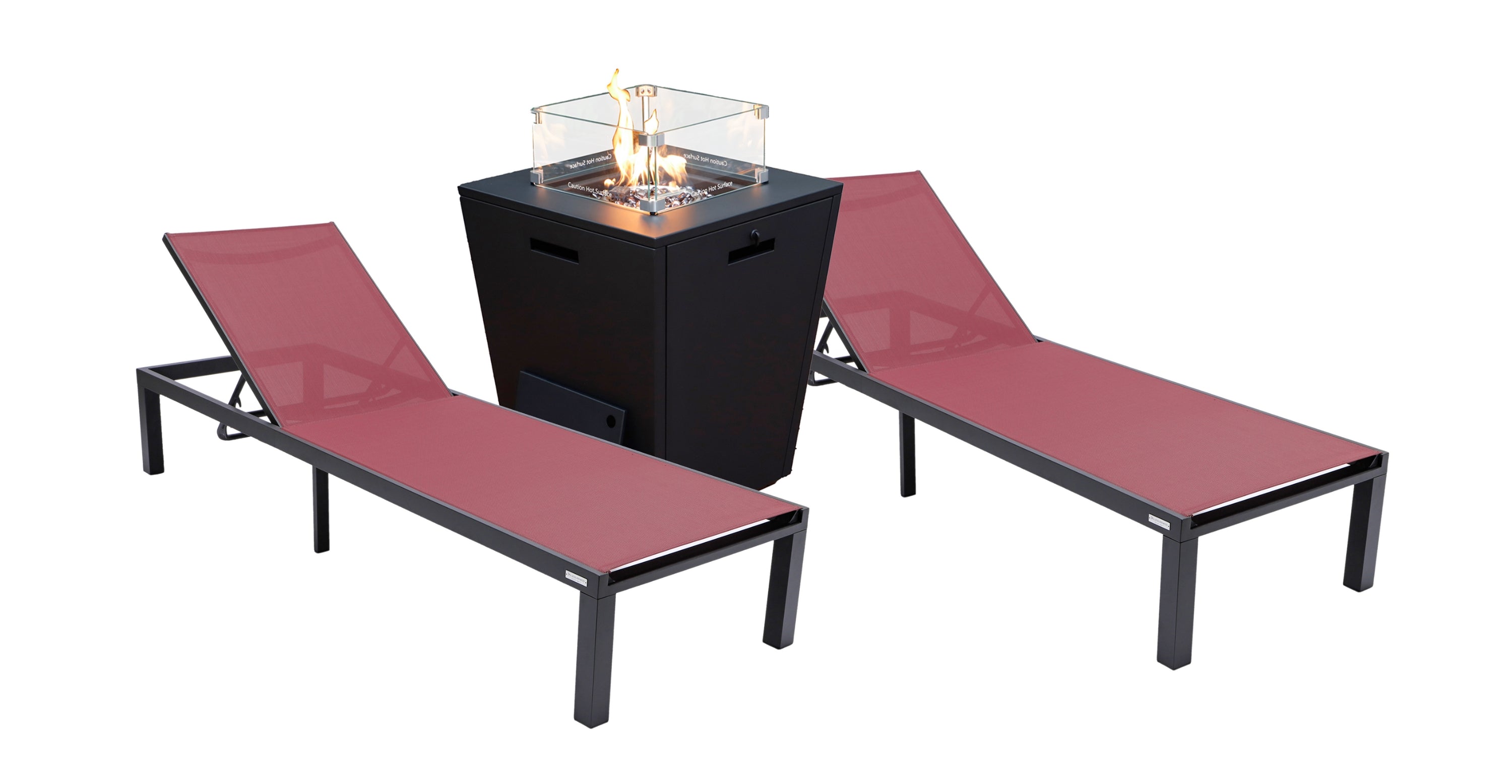 Marlin Modern Black Aluminum Outdoor Chaise Lounge Chair With Square Fire Pit Side Table Set of 2